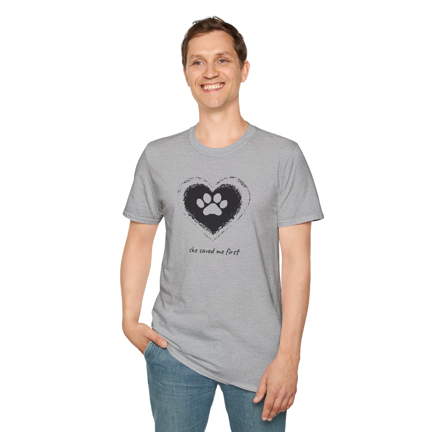 "She Saved Me First" Dog Adoption Shirt — Heart Paw Print Design
