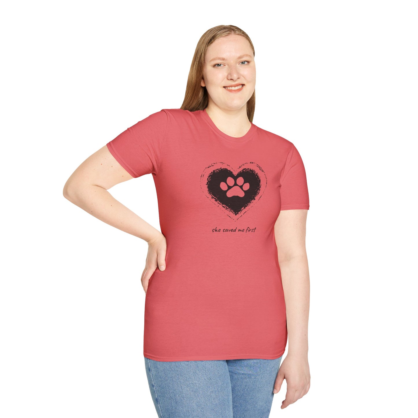 "She Saved Me First" Dog Adoption Shirt — Heart Paw Print Design