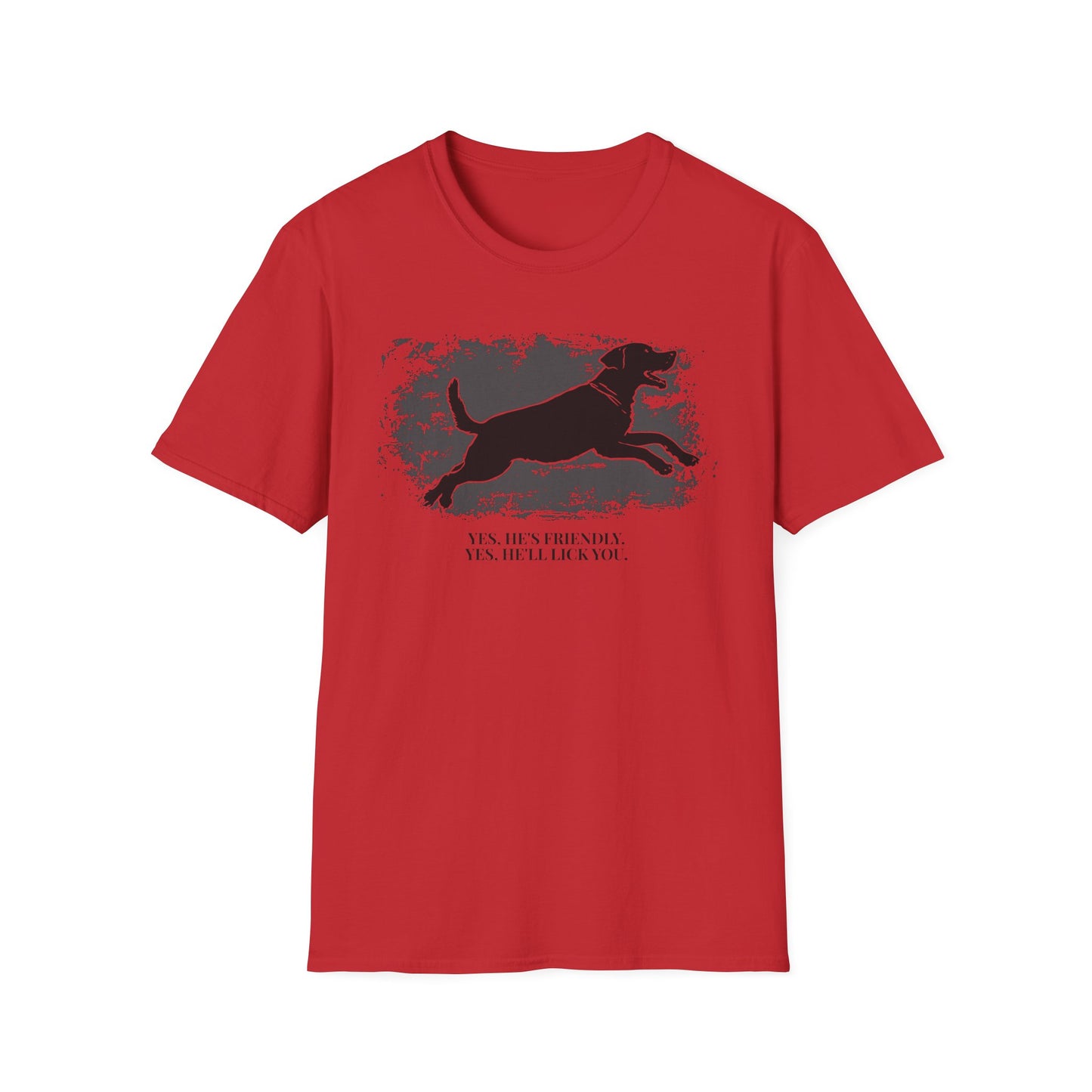 Running Labrador Graphic T-Shirt — "Yes, He's Friendly" Dog Tee