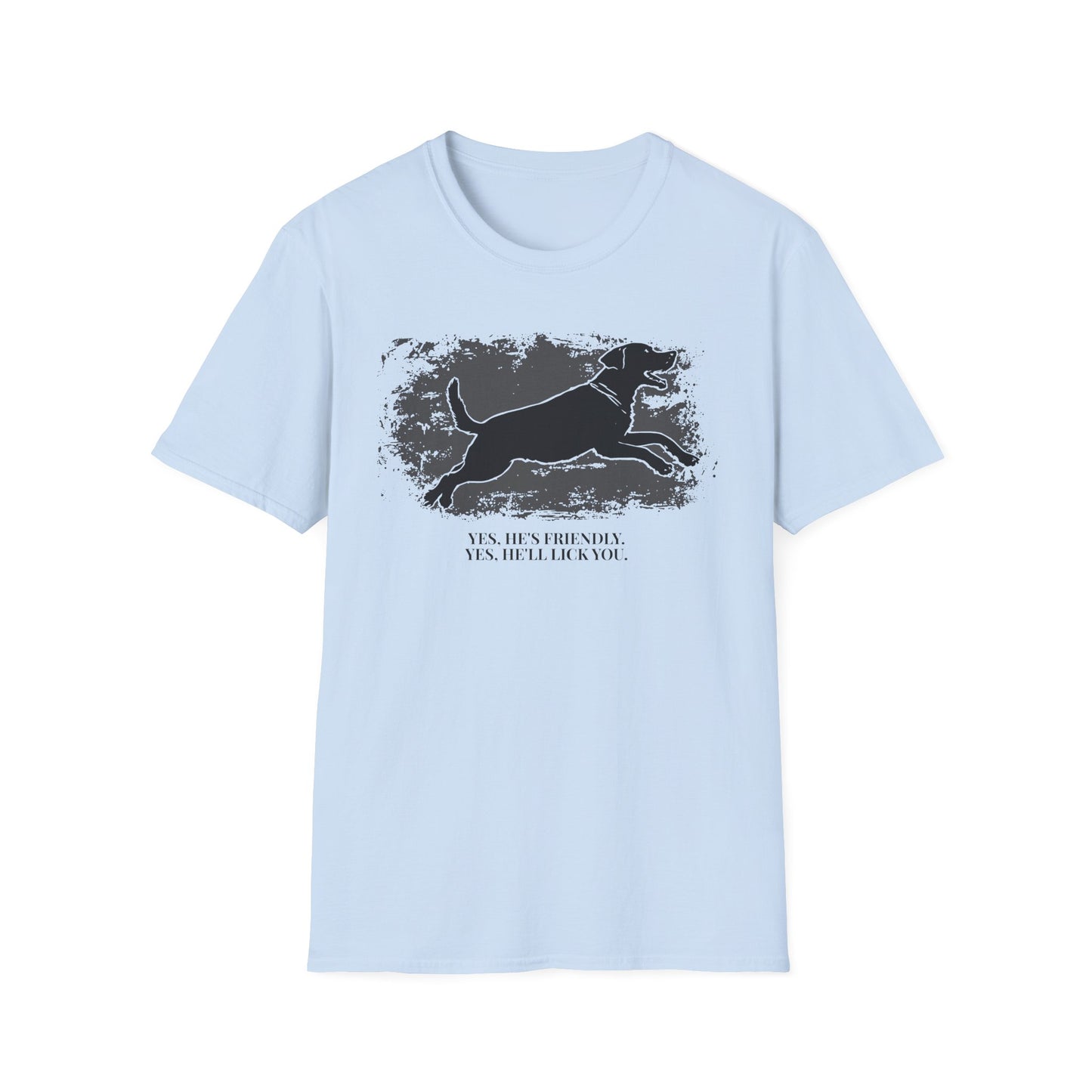 Running Labrador Graphic T-Shirt — "Yes, He's Friendly" Dog Tee