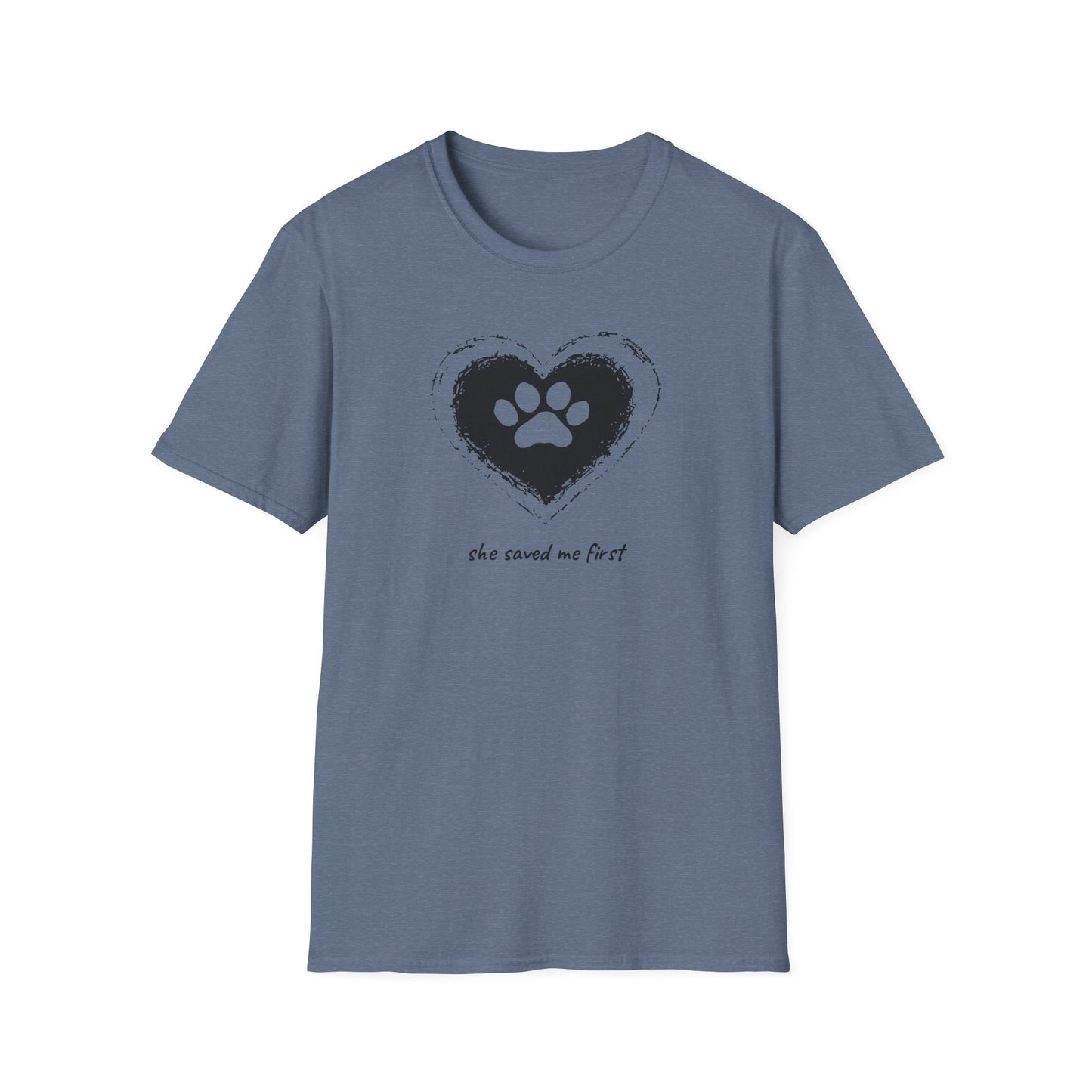 "She Saved Me First" Dog Adoption Shirt — Heart Paw Print Design