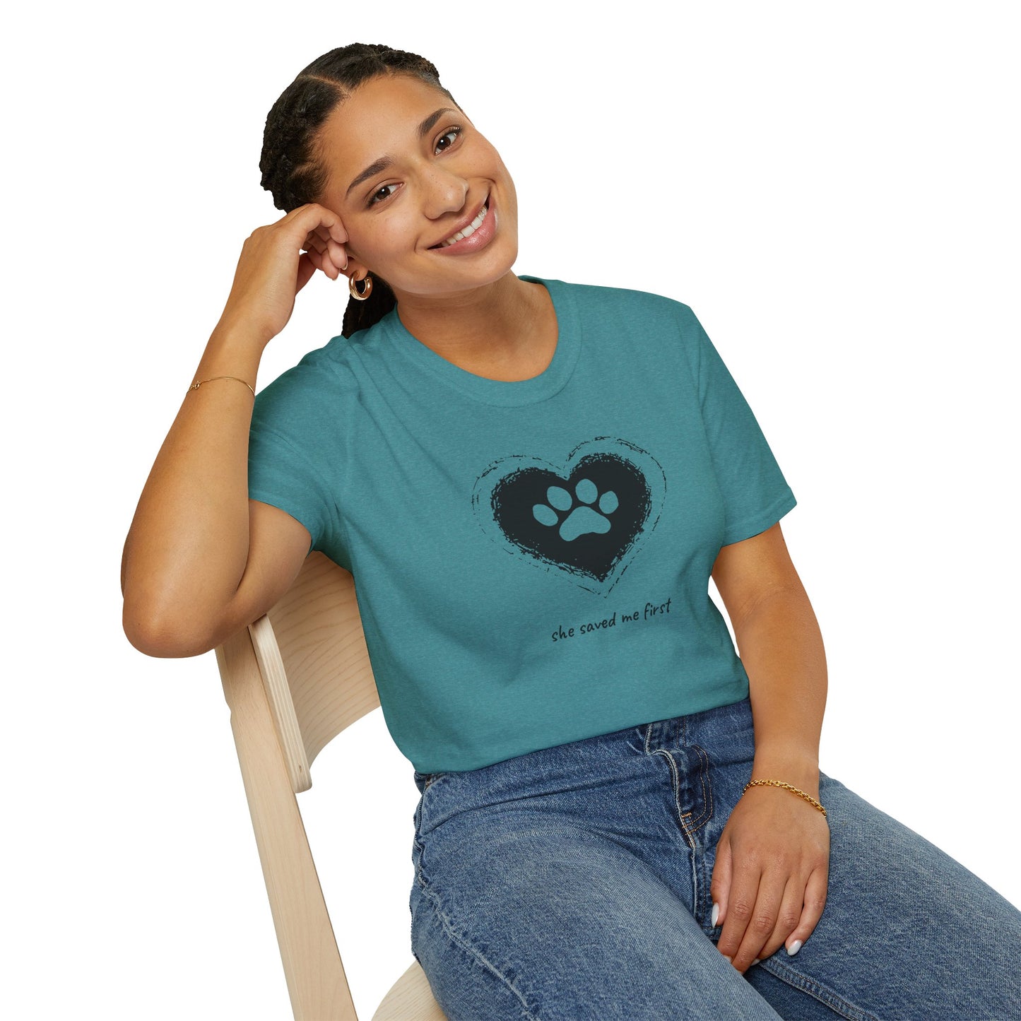 "She Saved Me First" Dog Adoption Shirt — Heart Paw Print Design