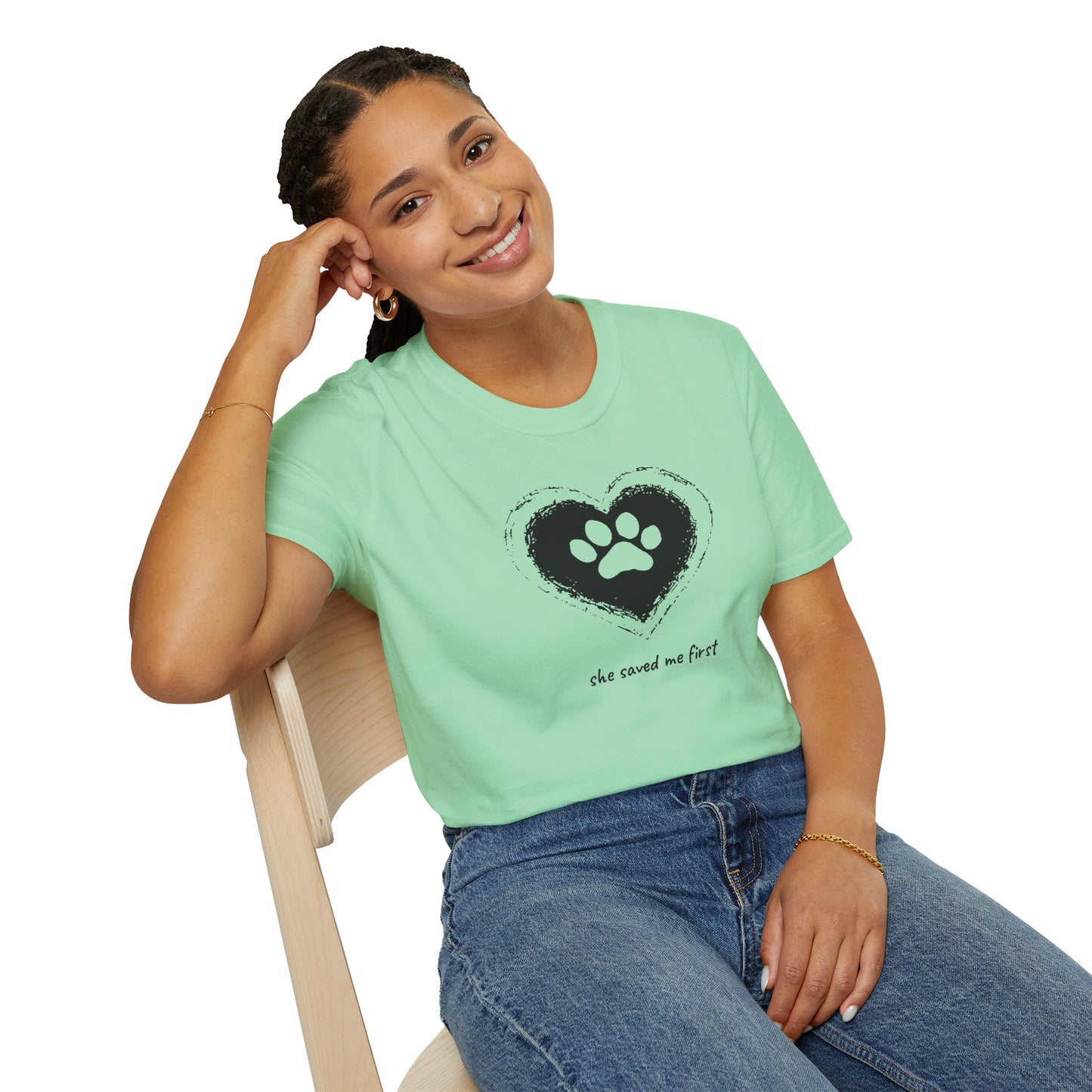 "She Saved Me First" Dog Adoption Shirt — Heart Paw Print Design