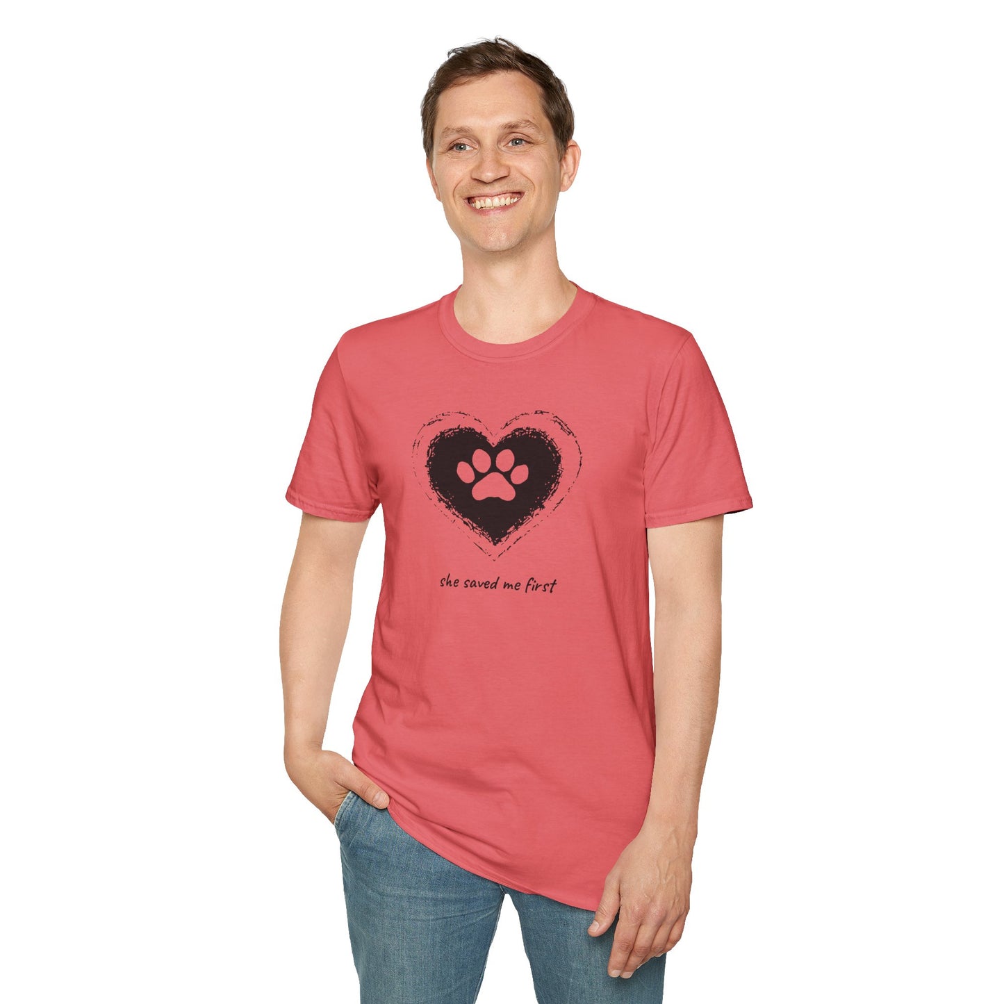 "She Saved Me First" Dog Adoption Shirt — Heart Paw Print Design