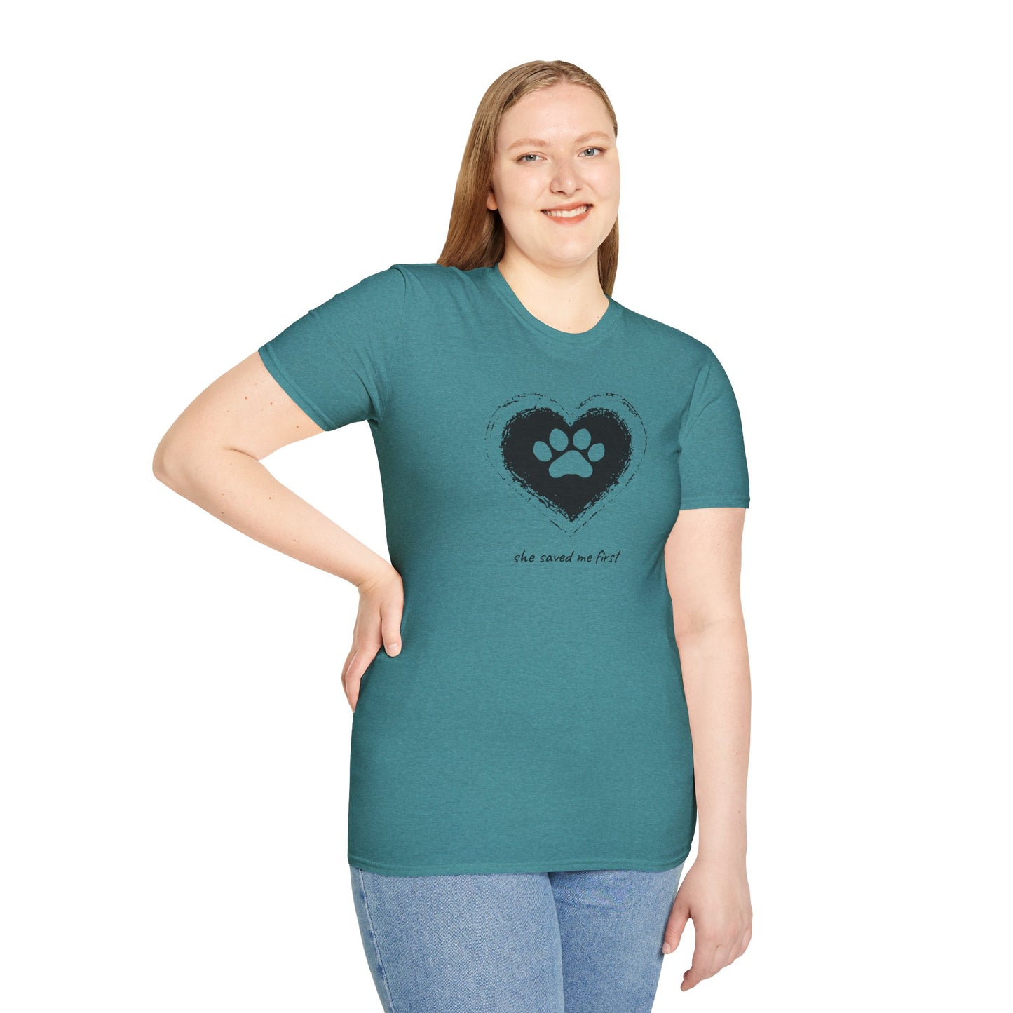 "She Saved Me First" Dog Adoption Shirt — Heart Paw Print Design