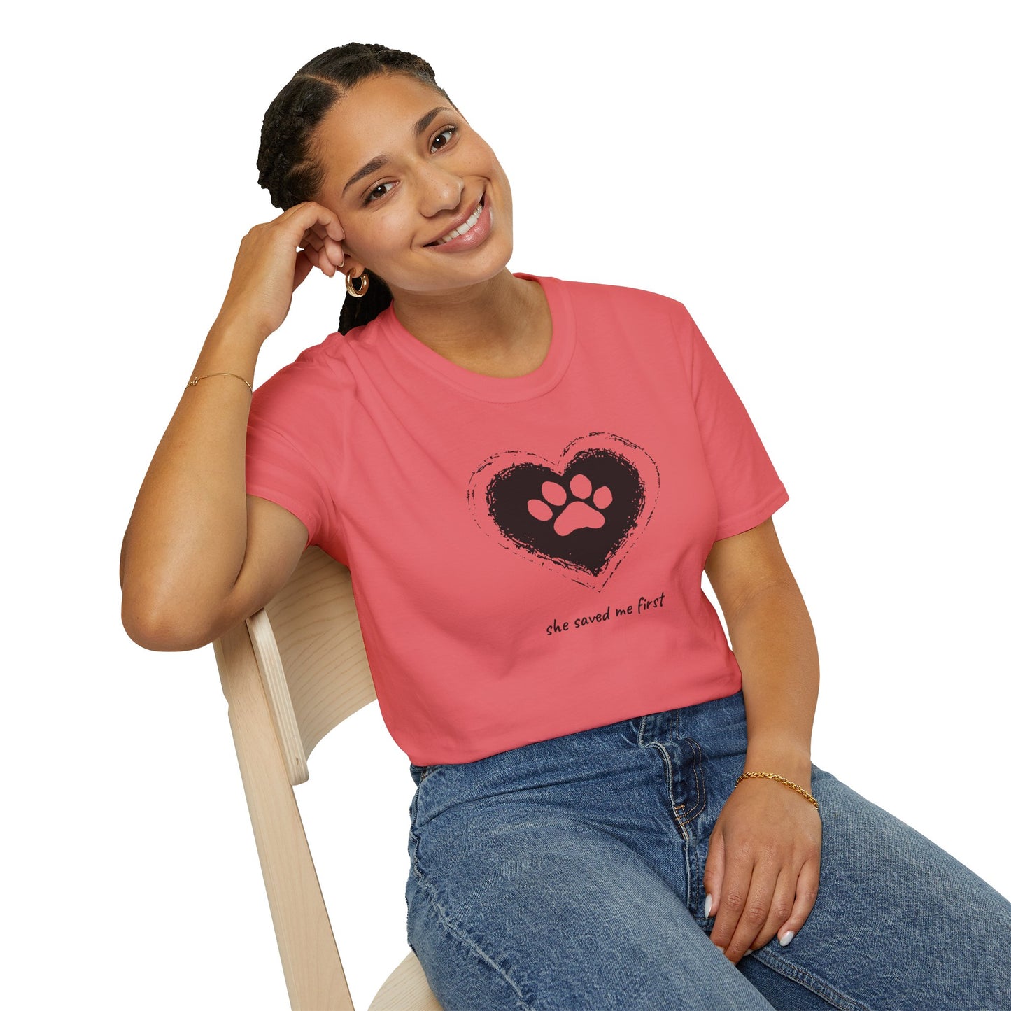 "She Saved Me First" Dog Adoption Shirt — Heart Paw Print Design