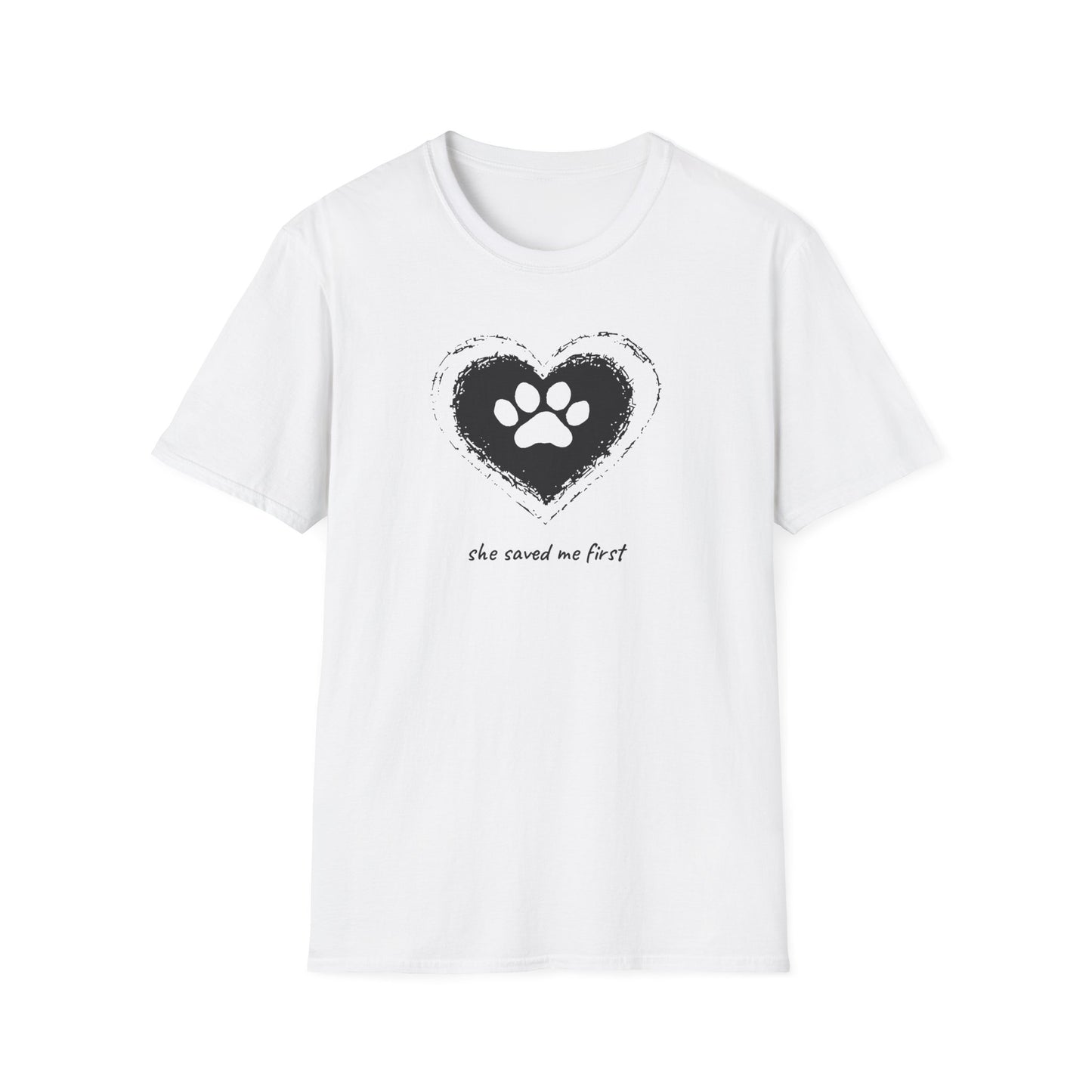 "She Saved Me First" Dog Adoption Shirt — Heart Paw Print Design