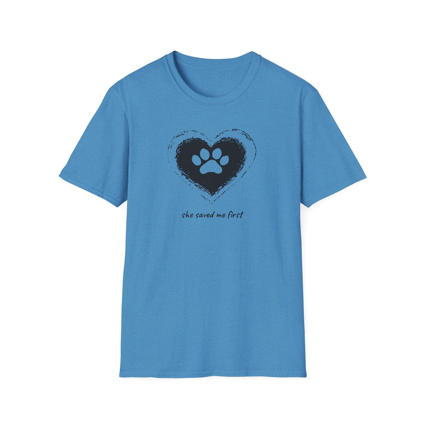 "She Saved Me First" Dog Adoption Shirt — Heart Paw Print Design