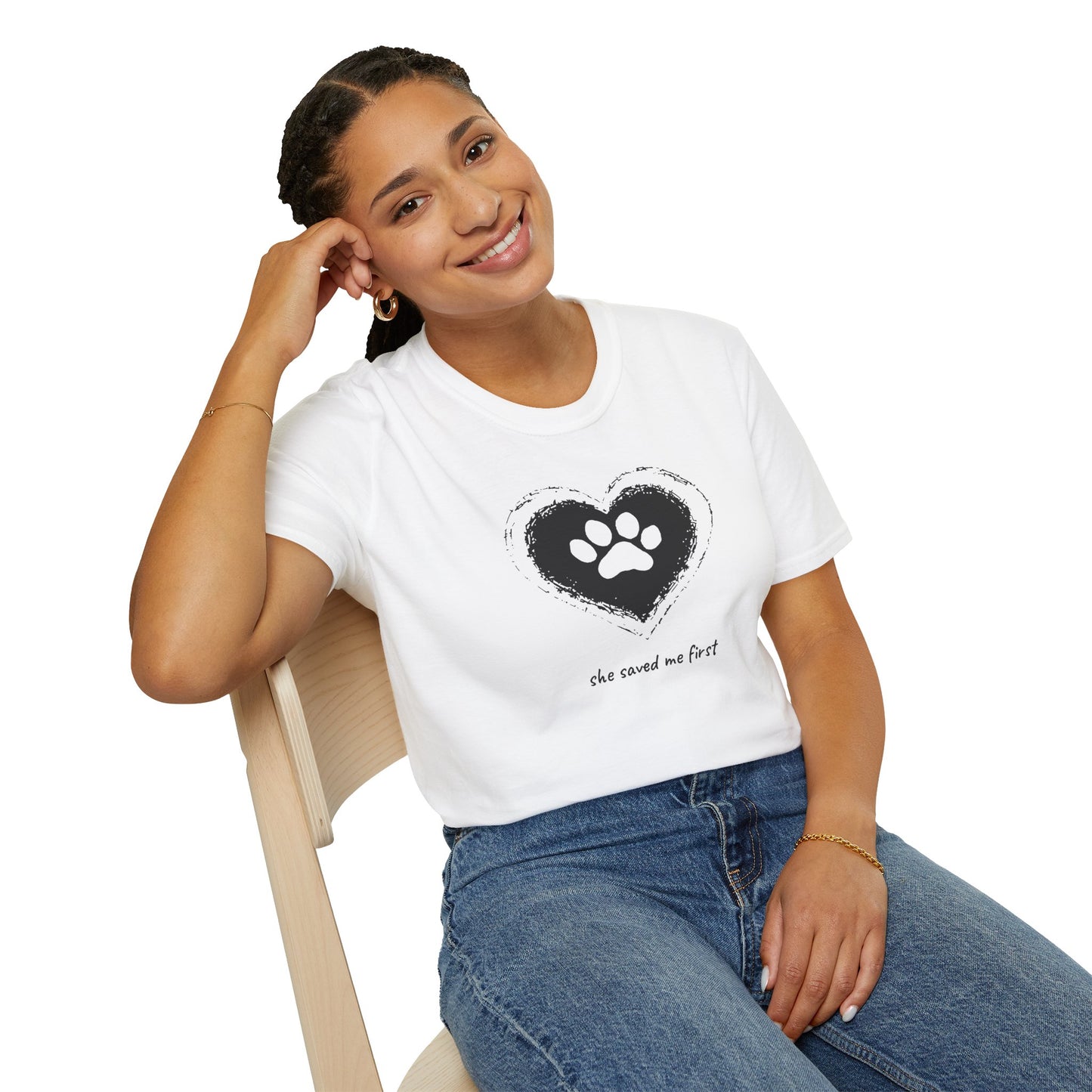 "She Saved Me First" Dog Adoption Shirt — Heart Paw Print Design