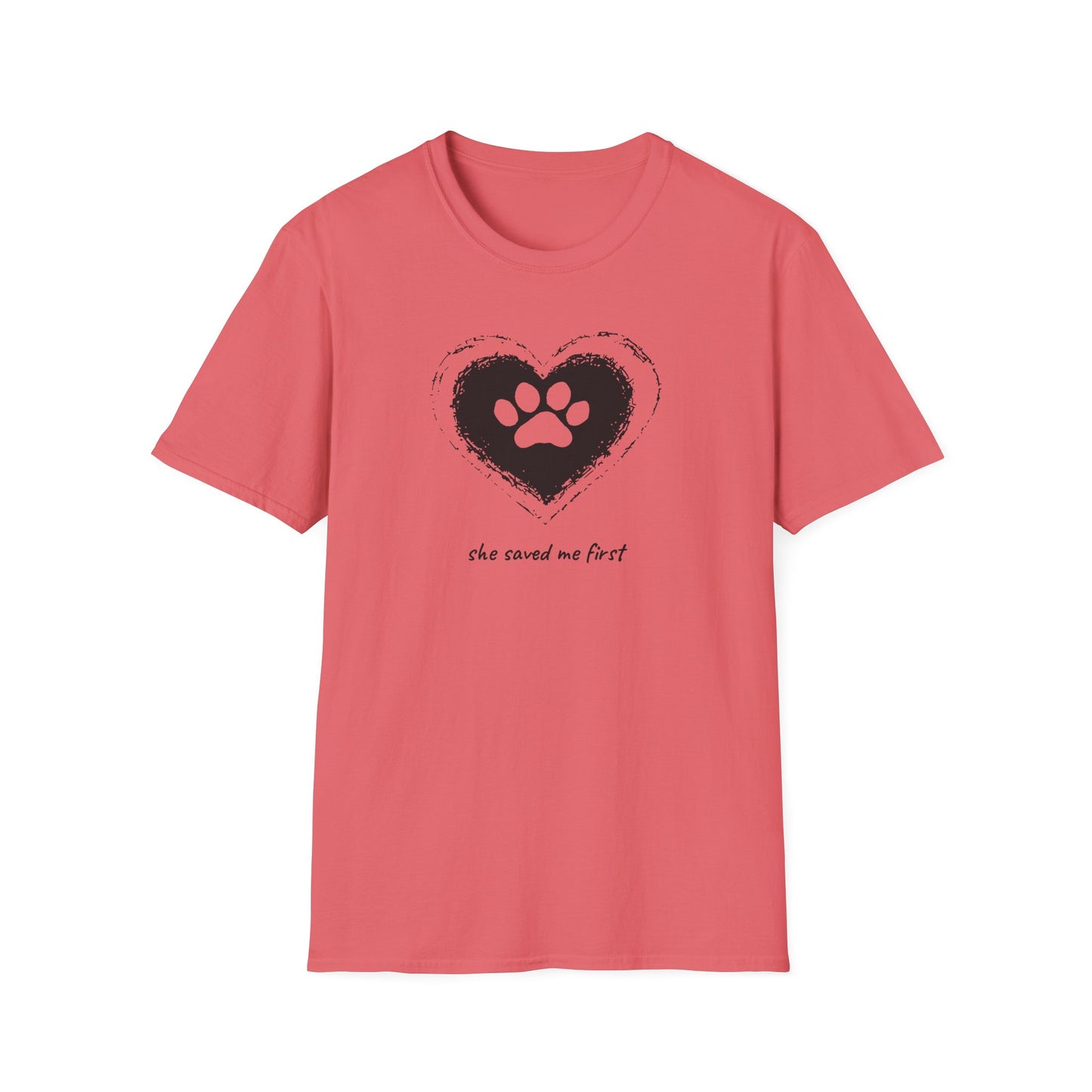 "She Saved Me First" Dog Adoption Shirt — Heart Paw Print Design