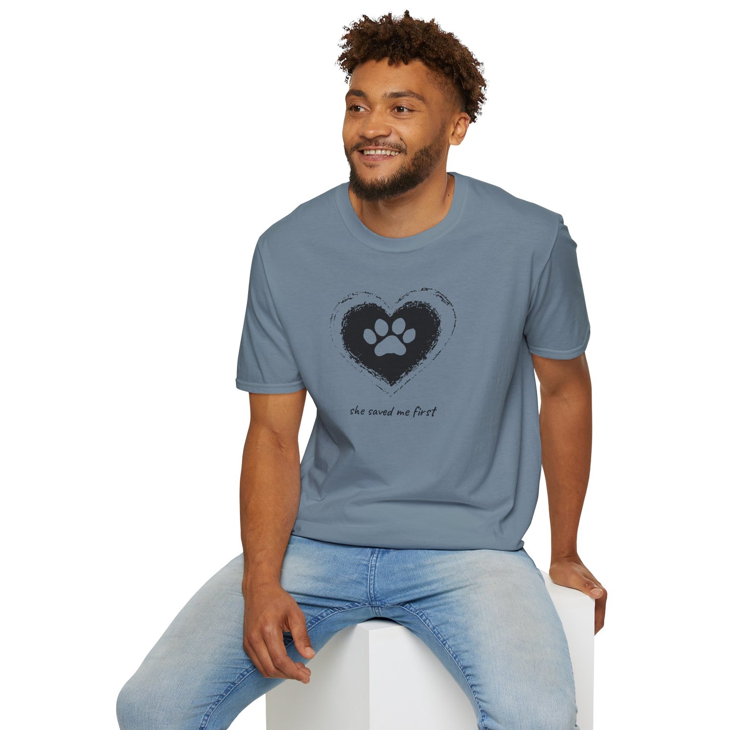 "She Saved Me First" Dog Adoption Shirt — Heart Paw Print Design