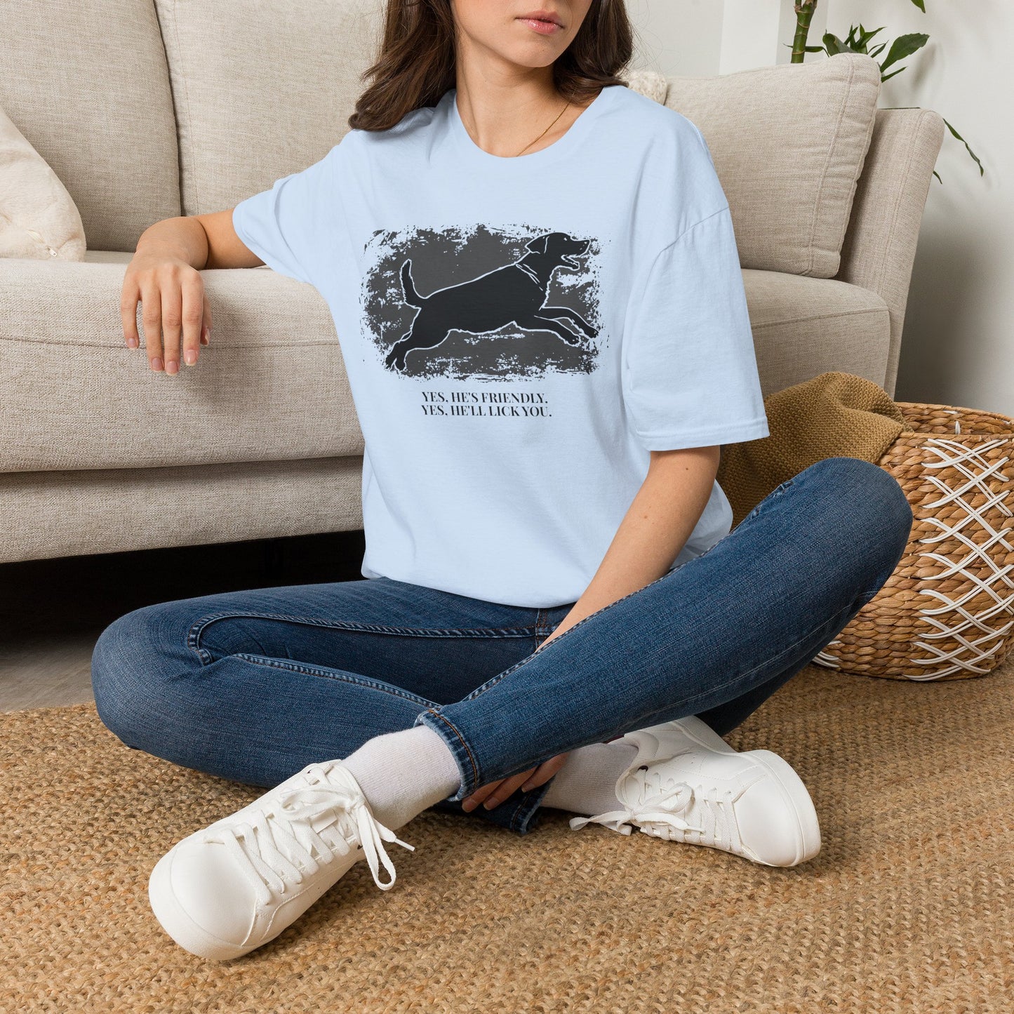 Running Labrador Graphic T-Shirt — "Yes, He's Friendly" Dog Tee