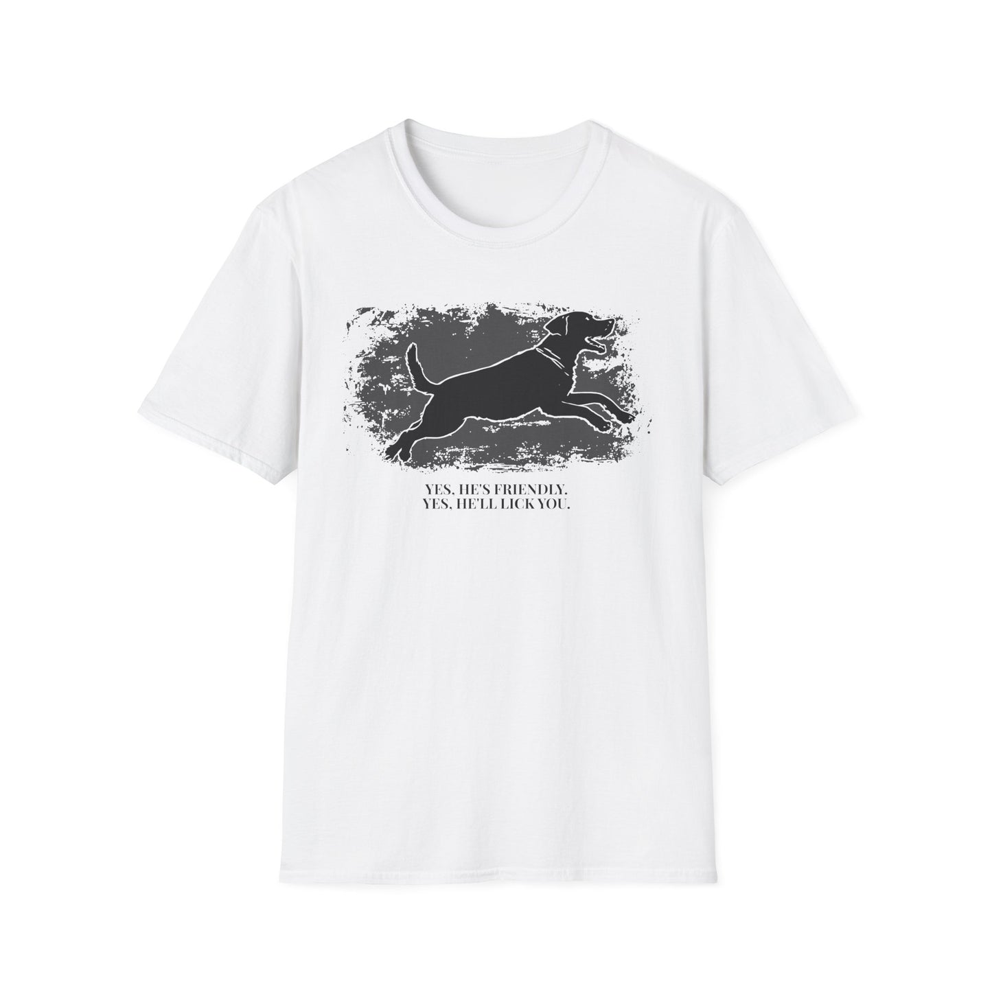 Running Labrador Graphic T-Shirt — "Yes, He's Friendly" Dog Tee