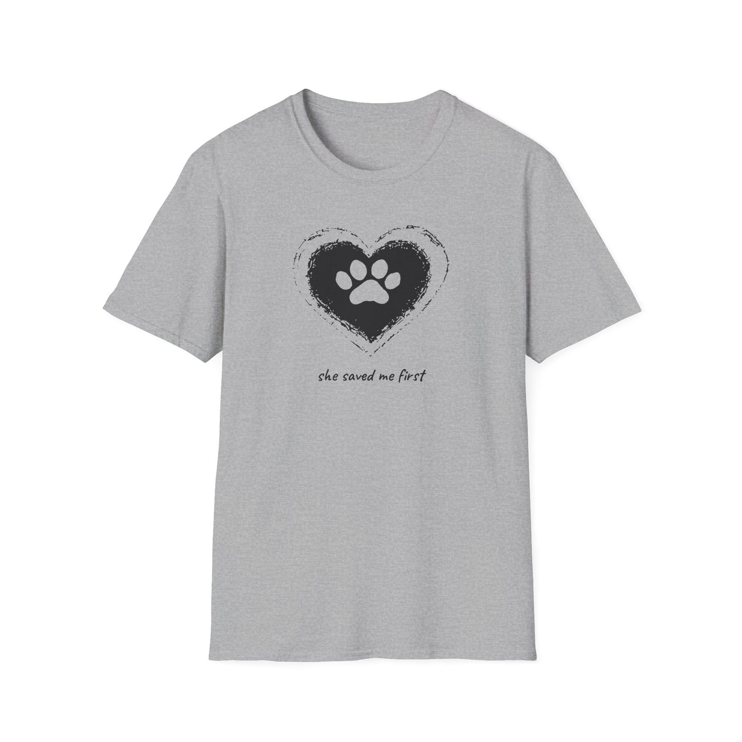 "She Saved Me First" Dog Adoption Shirt — Heart Paw Print Design