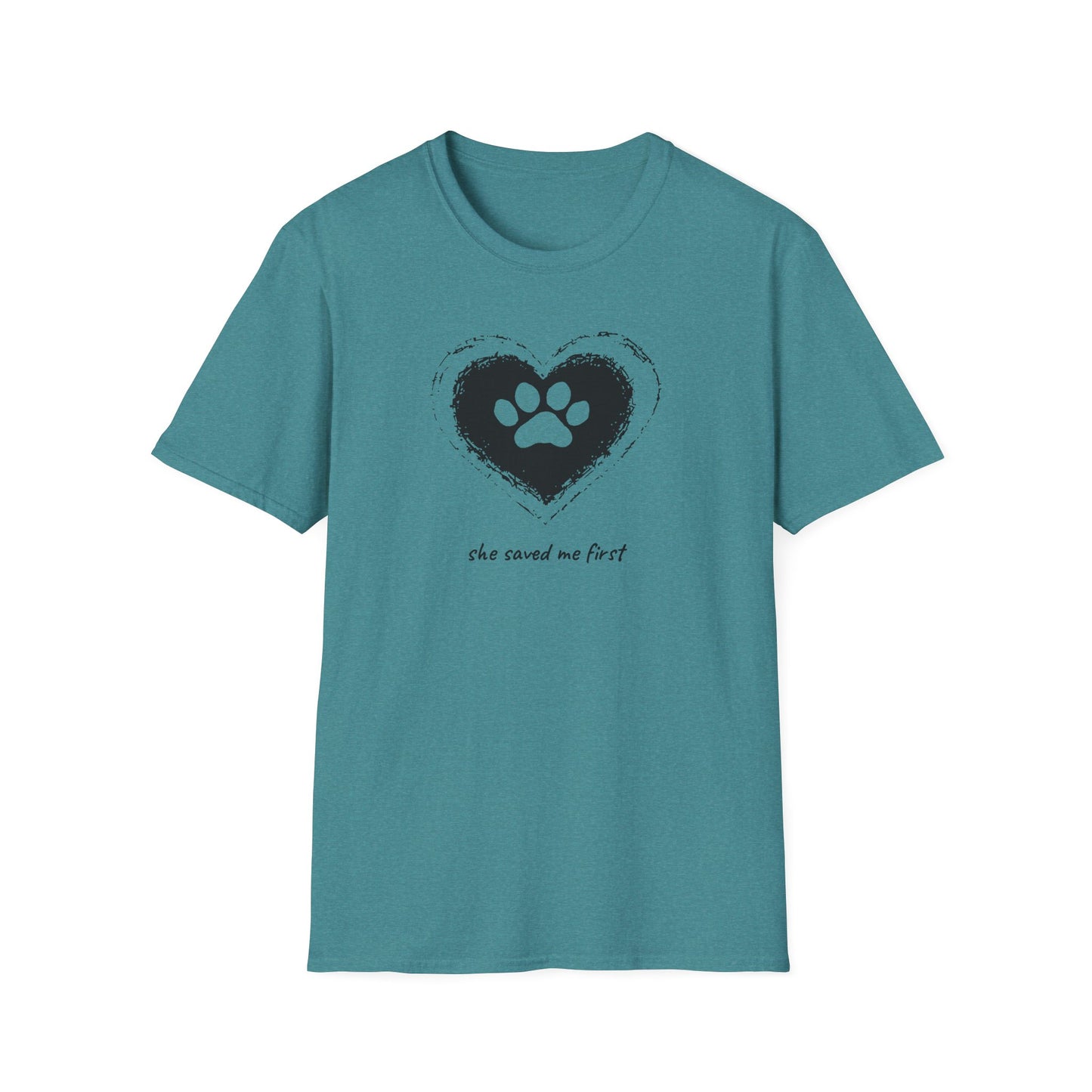 "She Saved Me First" Dog Adoption Shirt — Heart Paw Print Design