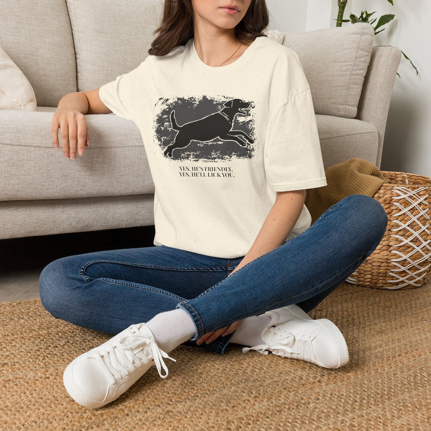 Running Labrador Graphic T-Shirt — "Yes, He's Friendly" Dog Tee