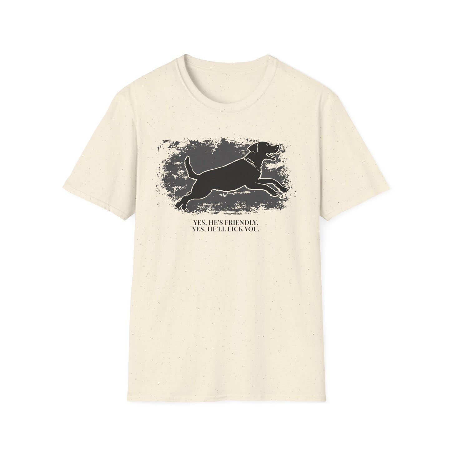 Running Labrador Graphic T-Shirt — "Yes, He's Friendly" Dog Tee