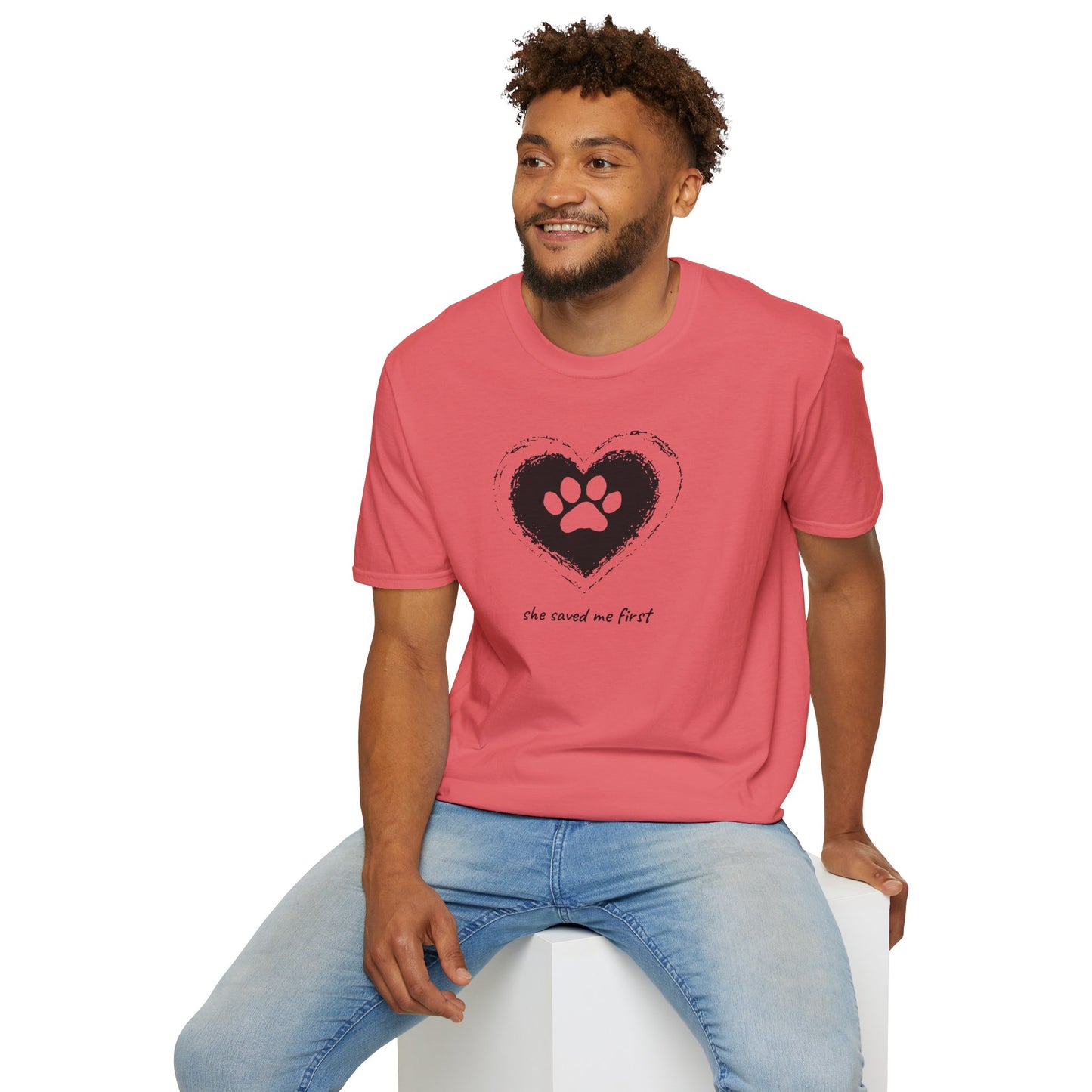 "She Saved Me First" Dog Adoption Shirt — Heart Paw Print Design