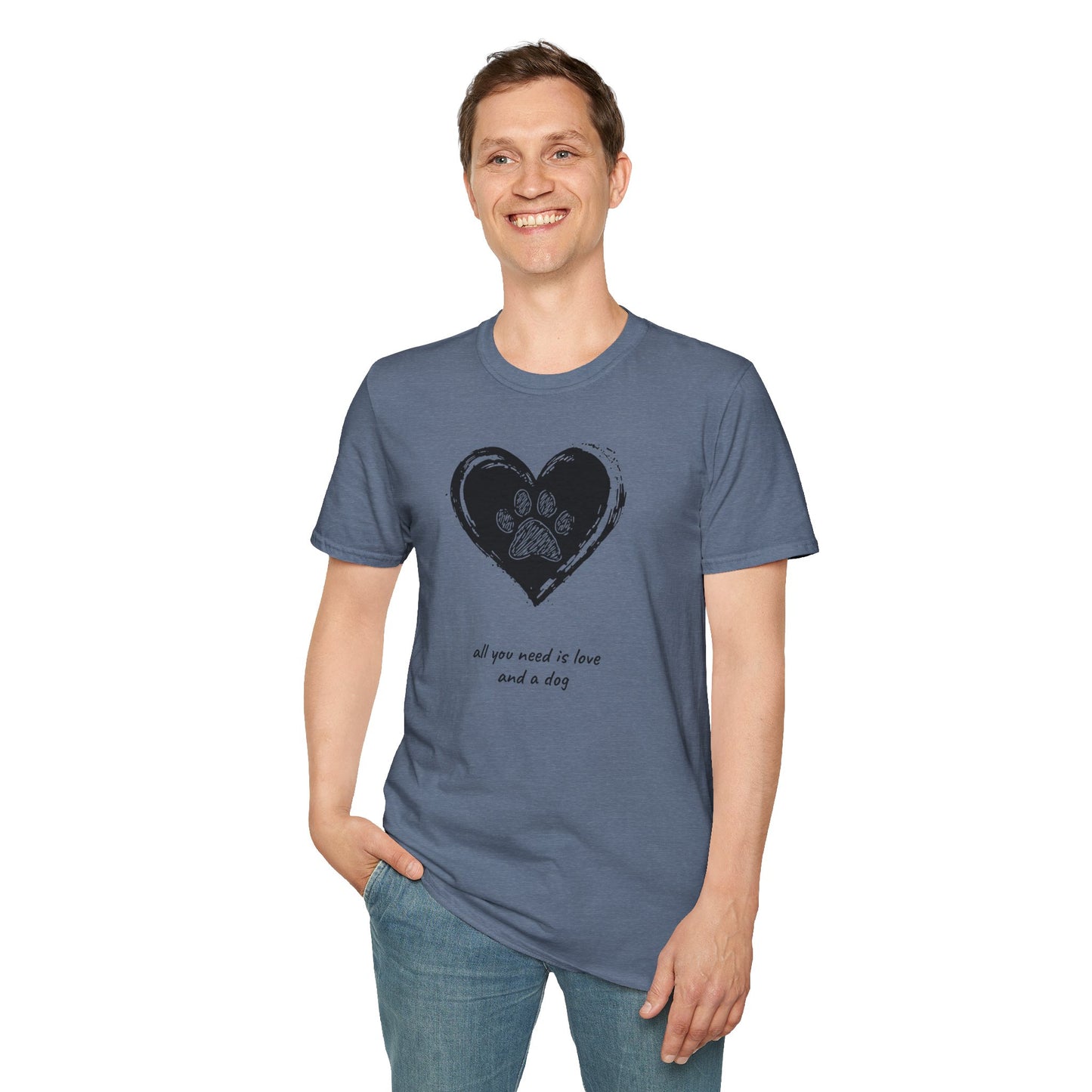 Dog Paw Heart T-Shirt — "All You Need is Love and a Dog" Pet Lover Tee
