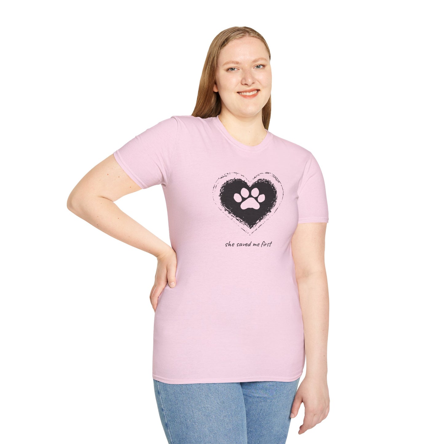 "She Saved Me First" Dog Adoption Shirt — Heart Paw Print Design