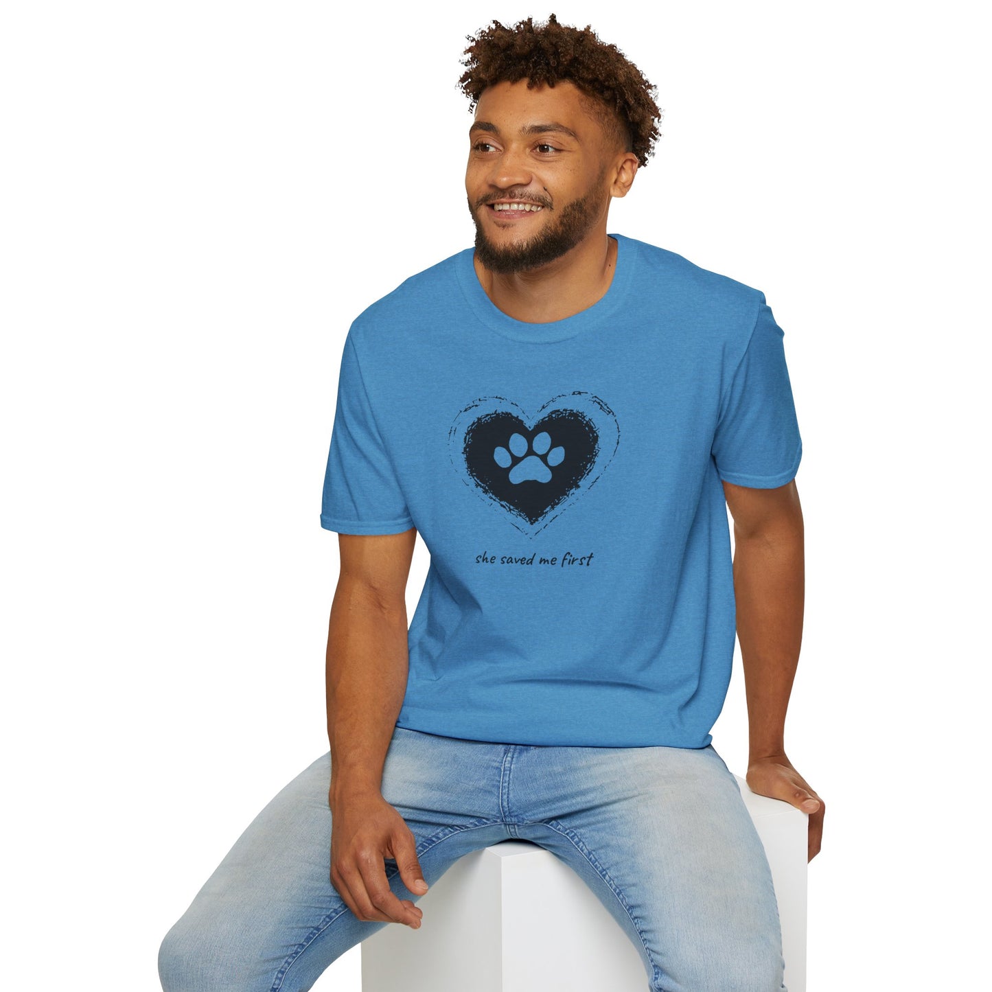 "She Saved Me First" Dog Adoption Shirt — Heart Paw Print Design