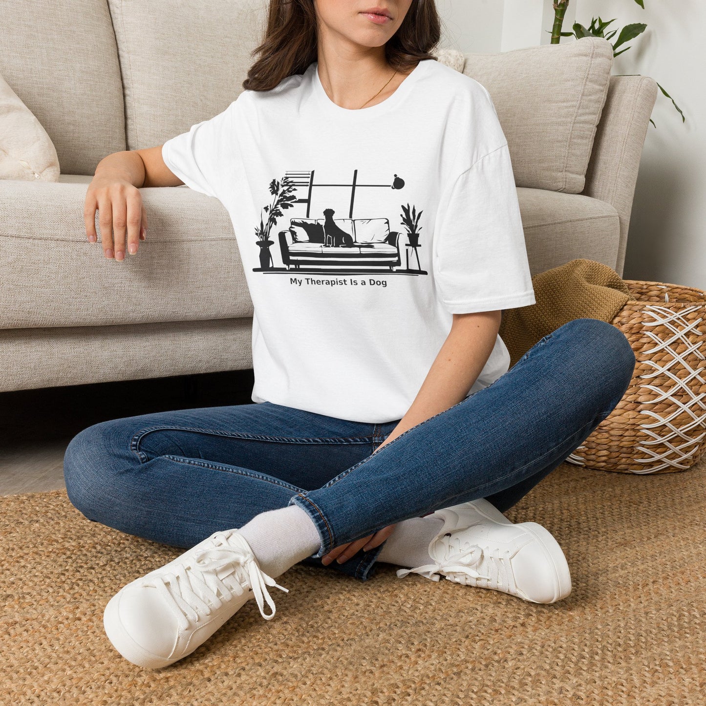 Dog Lover T‑Shirt — "My Therapist is a Dog" Living Room Silhouette Tee