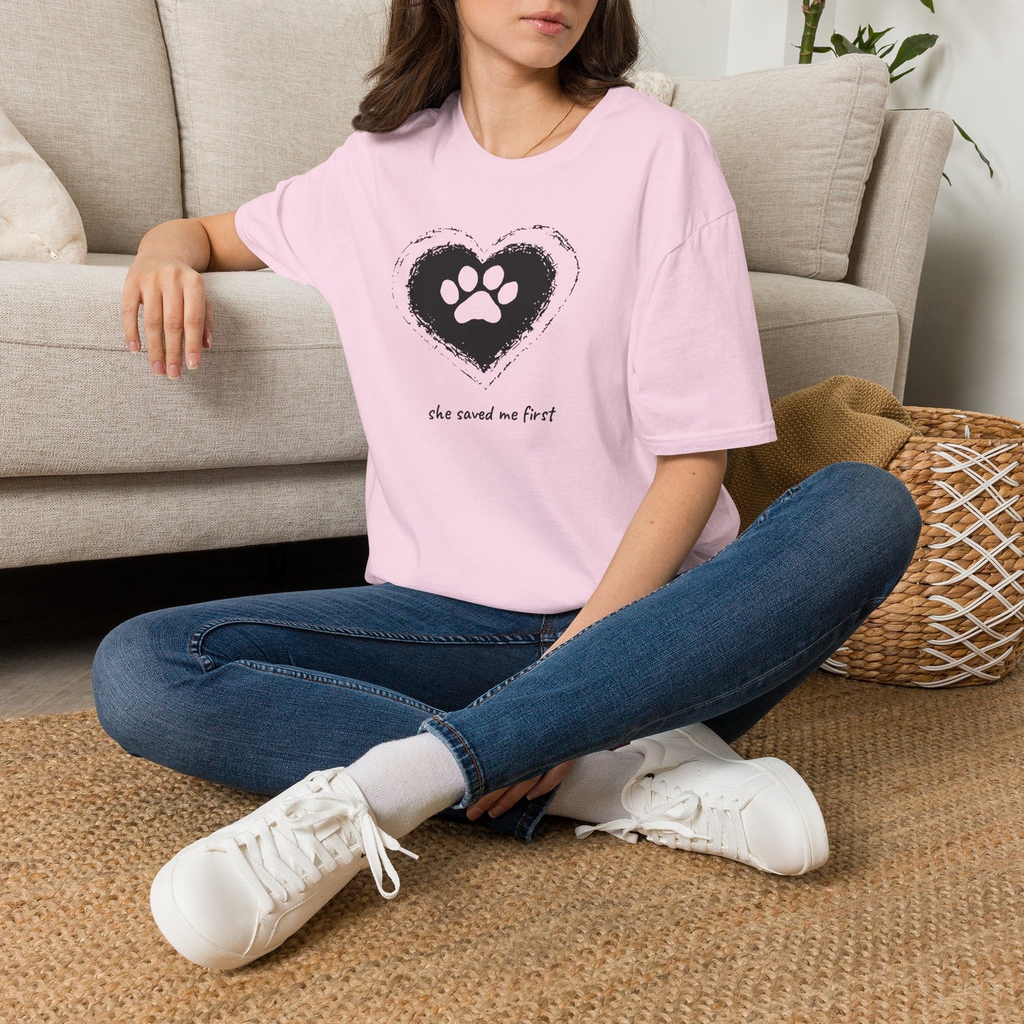 "She Saved Me First" Dog Adoption Shirt — Heart Paw Print Design