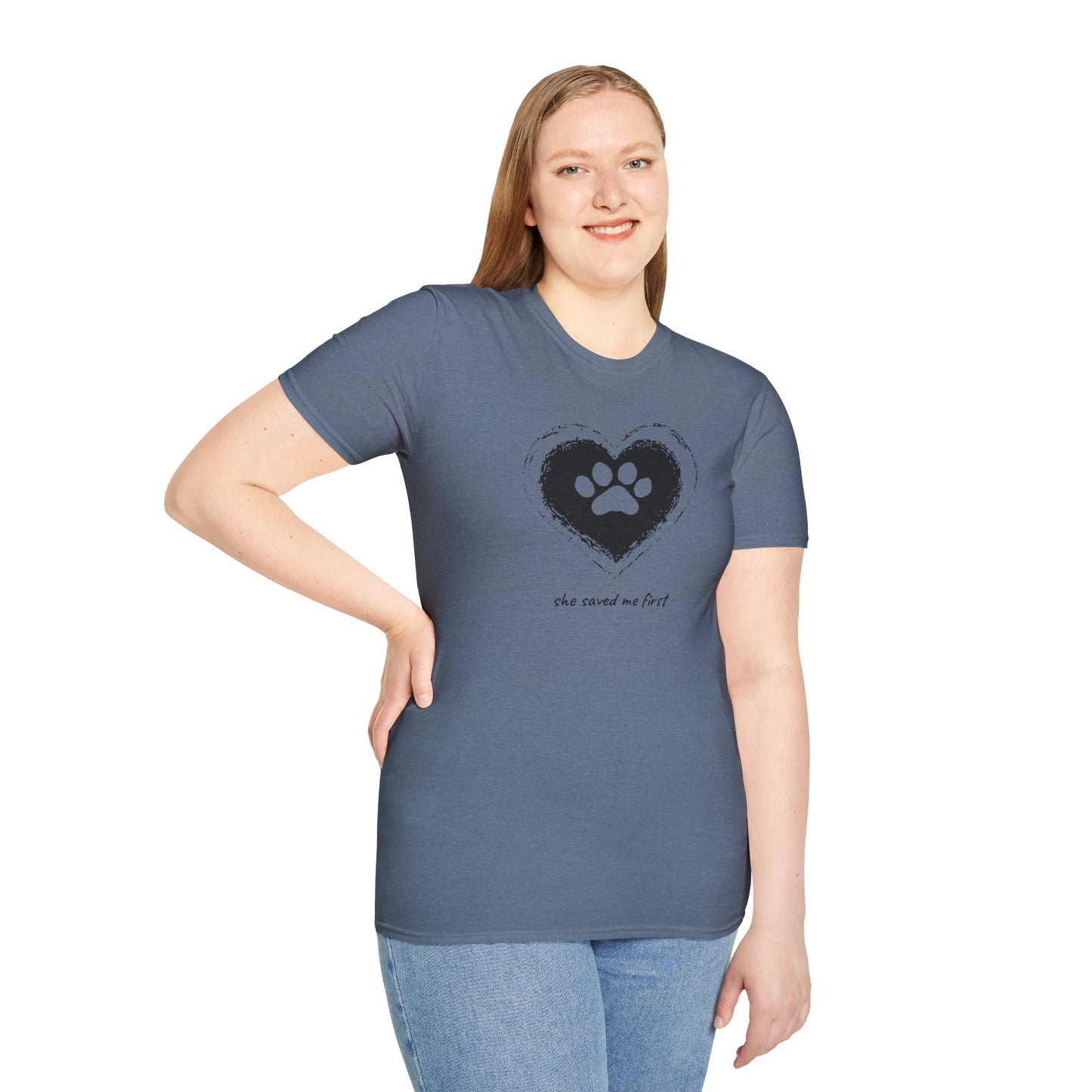 "She Saved Me First" Dog Adoption Shirt — Heart Paw Print Design
