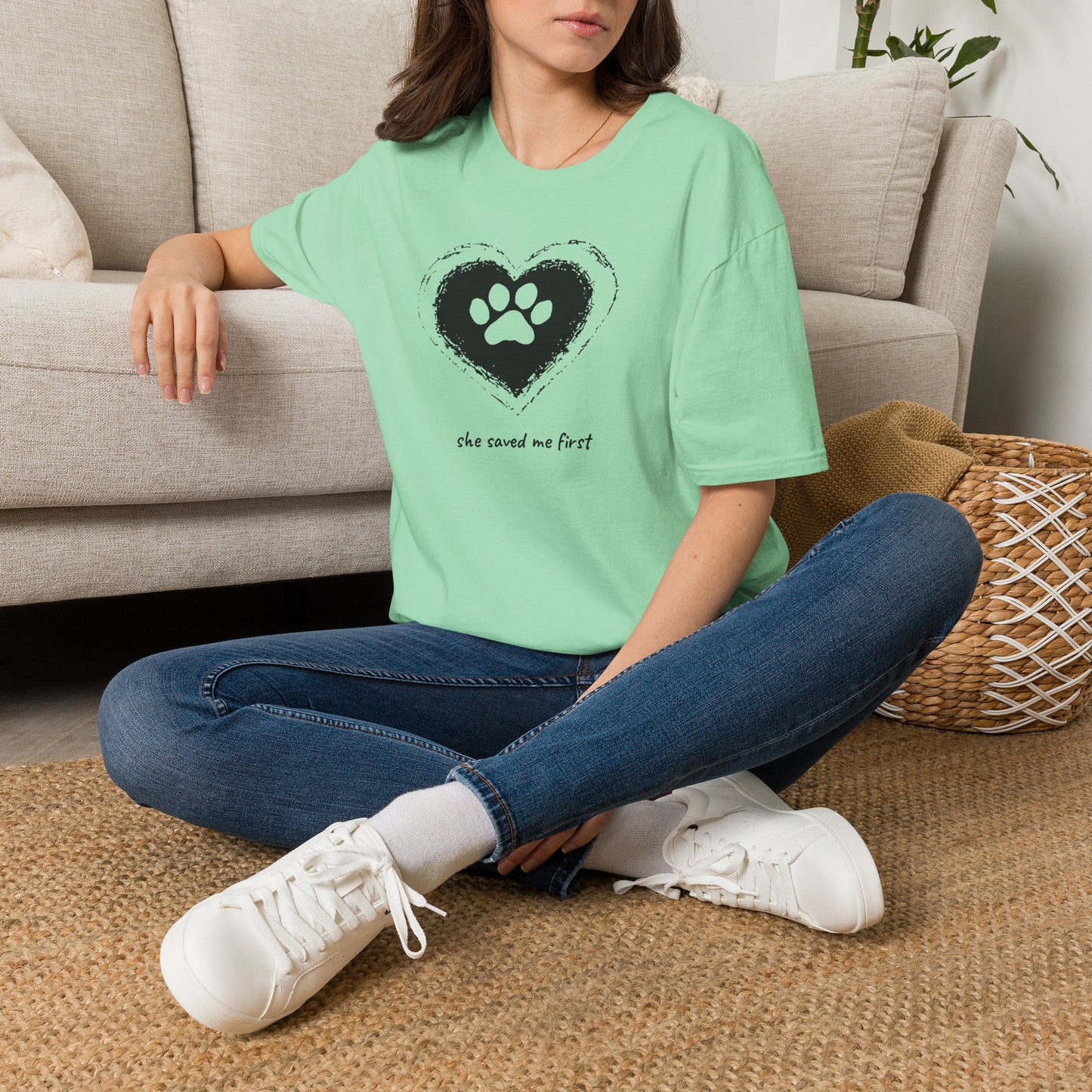 "She Saved Me First" Dog Adoption Shirt — Heart Paw Print Design
