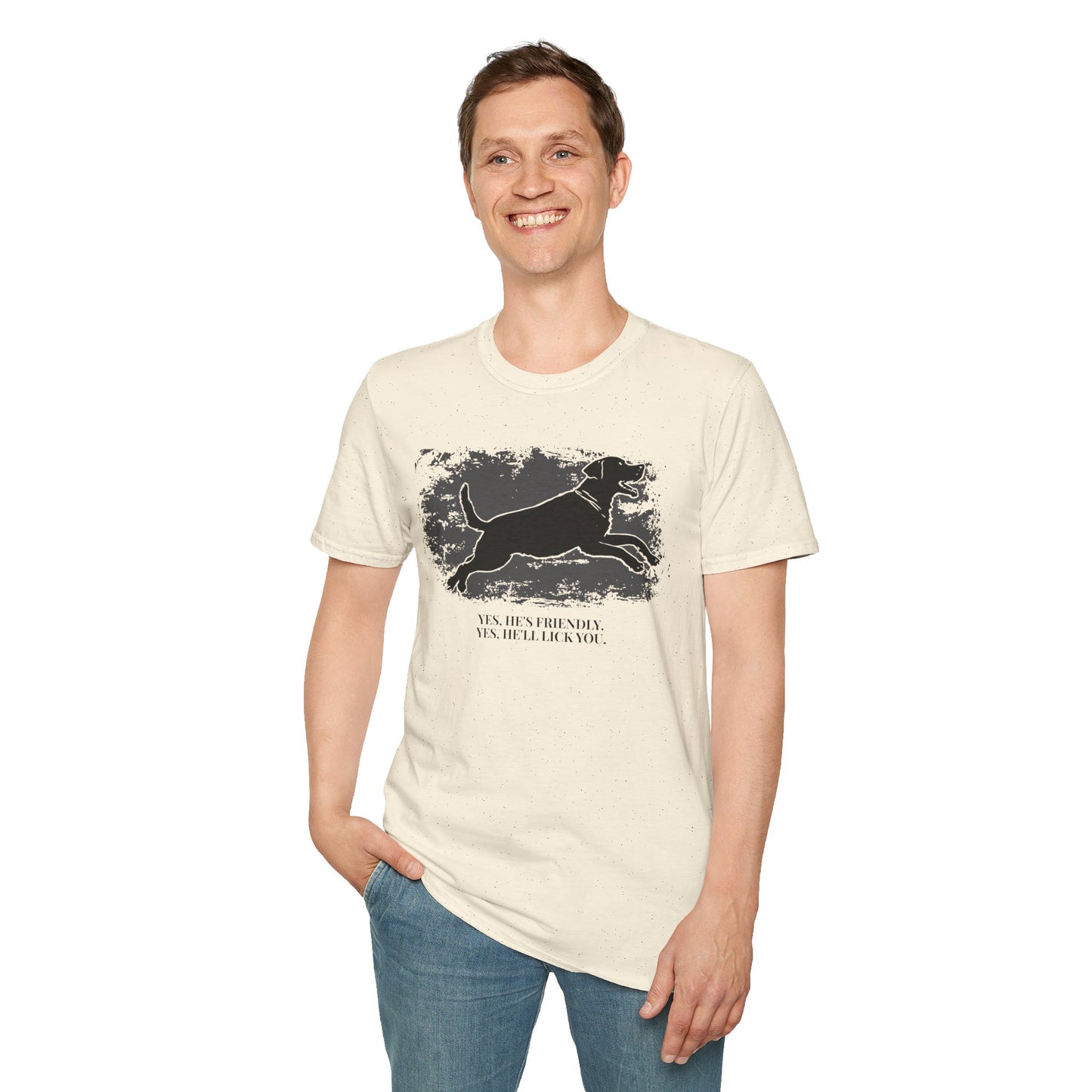 Running Labrador Graphic T-Shirt — "Yes, He's Friendly" Dog Tee