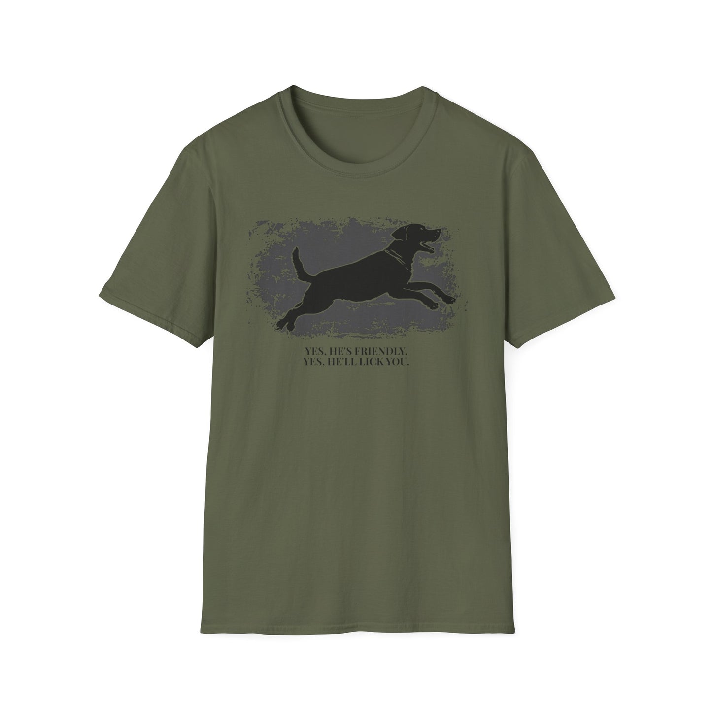 Running Labrador Graphic T-Shirt — "Yes, He's Friendly" Dog Tee