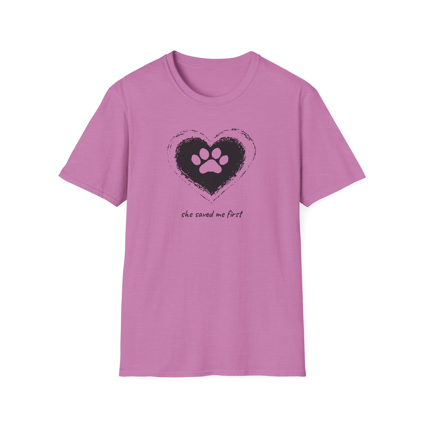 "She Saved Me First" Dog Adoption Shirt — Heart Paw Print Design
