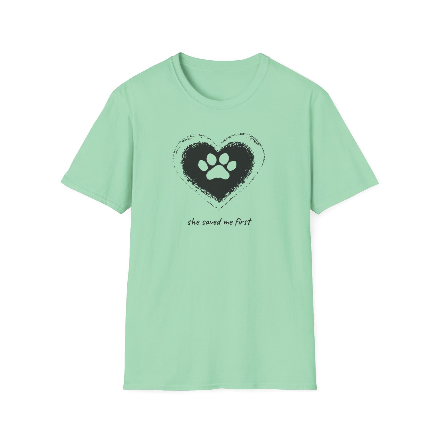 "She Saved Me First" Dog Adoption Shirt — Heart Paw Print Design