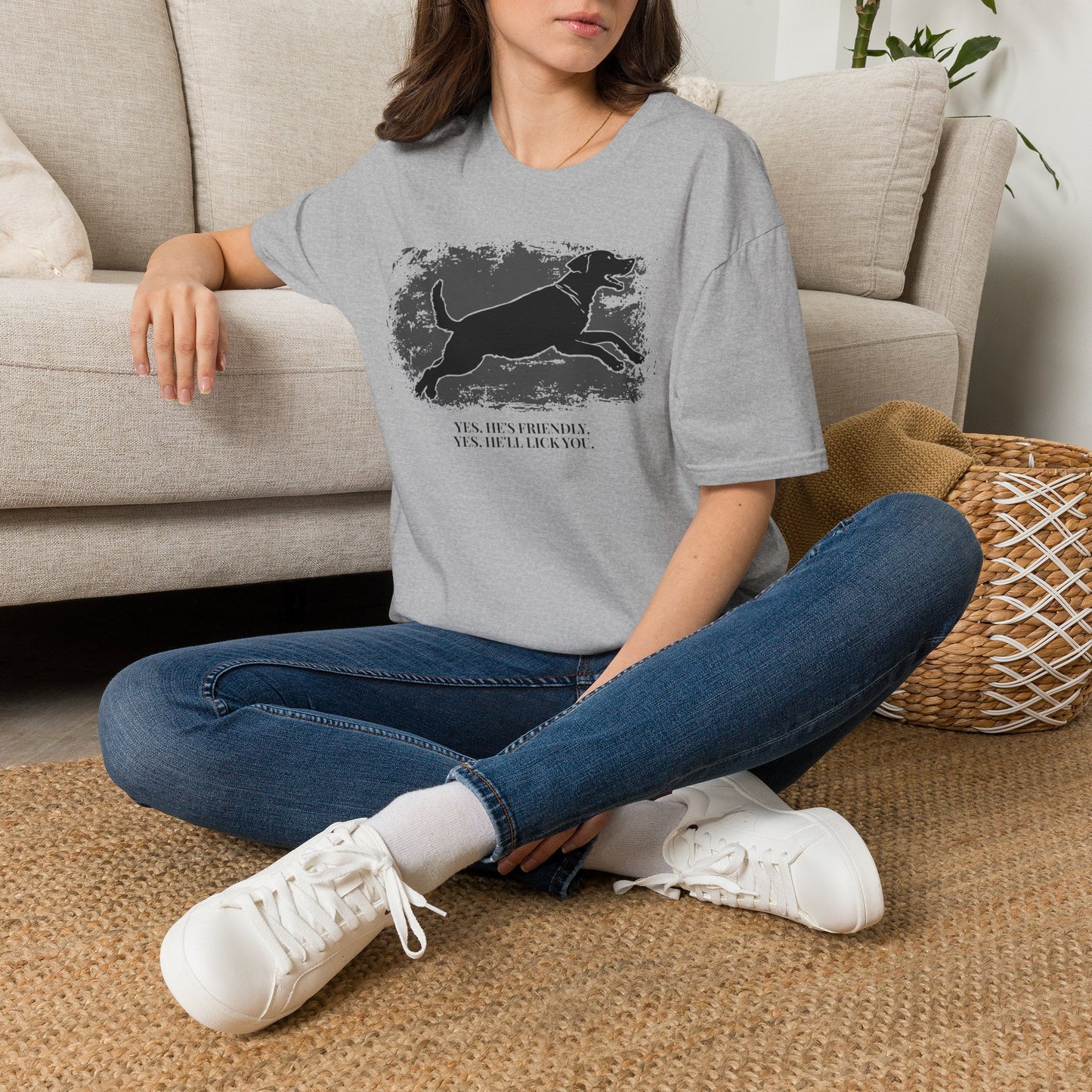 Running Labrador Graphic T-Shirt — "Yes, He's Friendly" Dog Tee