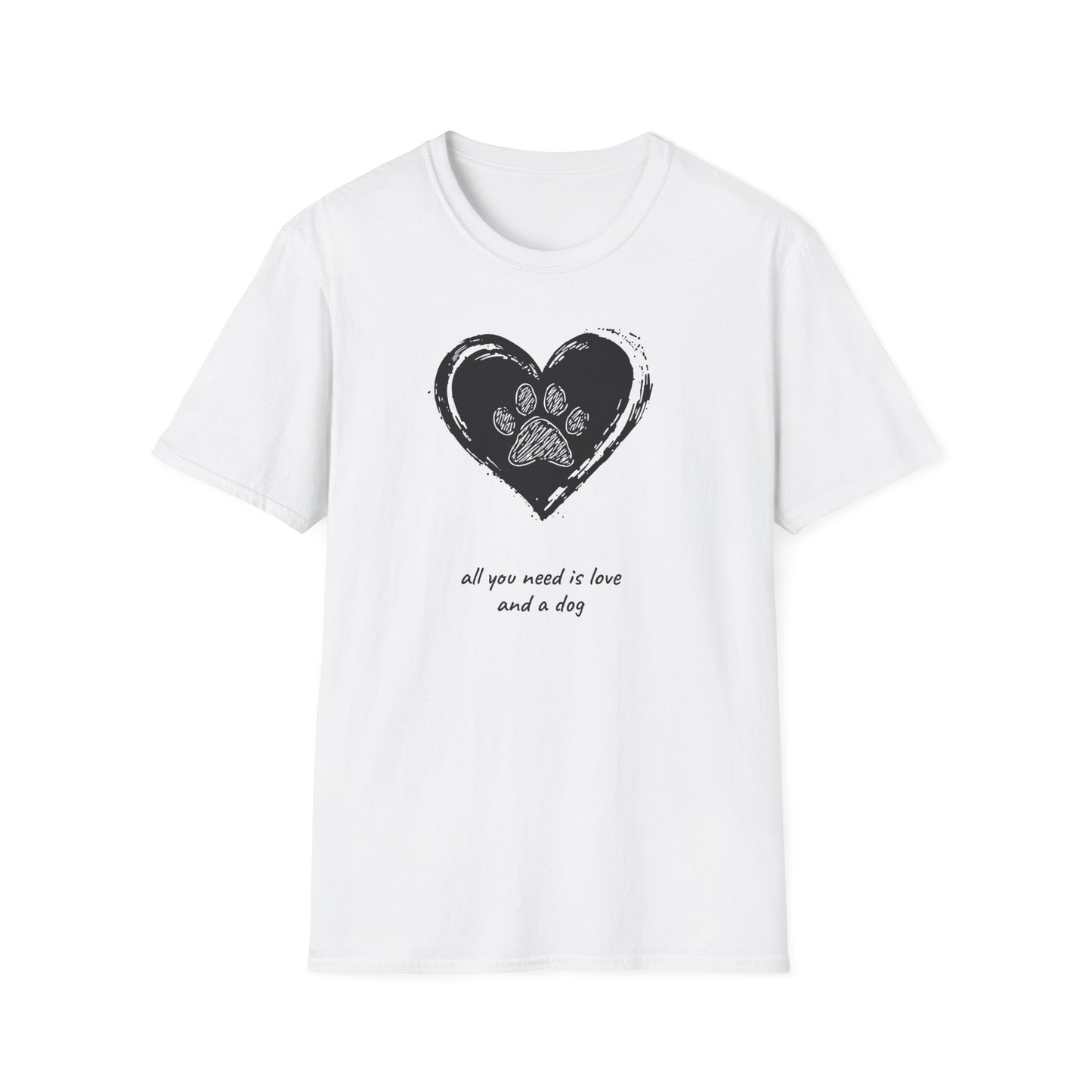 Dog Paw Heart T-Shirt — "All You Need is Love and a Dog" Pet Lover Tee