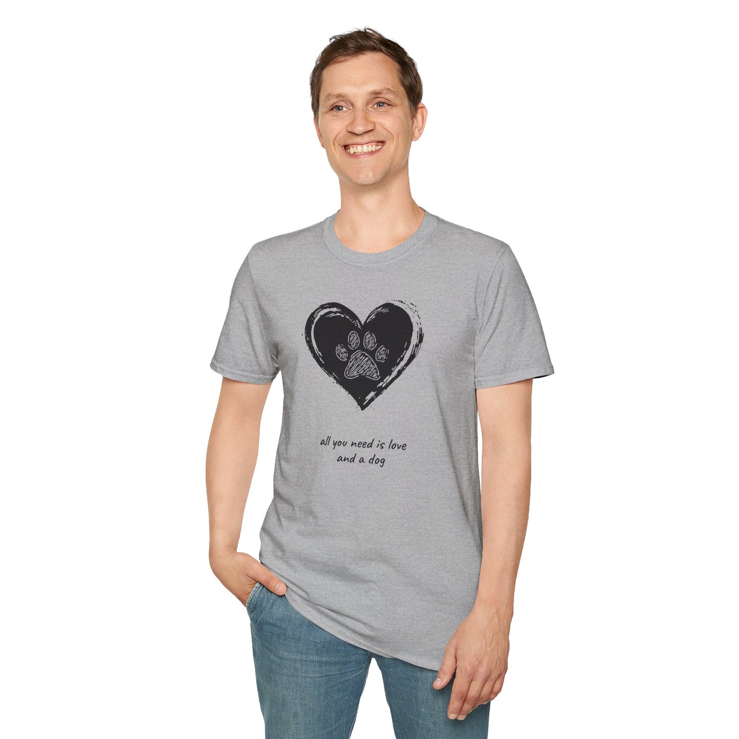 Dog Paw Heart T-Shirt — "All You Need is Love and a Dog" Pet Lover Tee