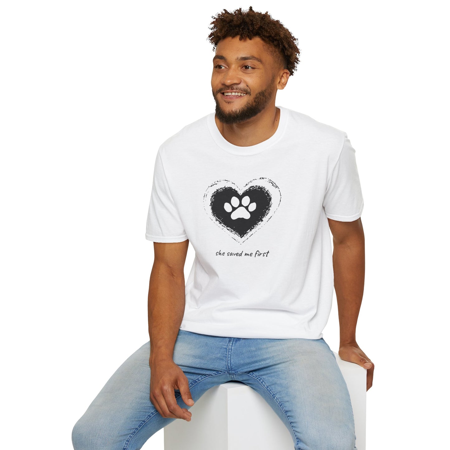 "She Saved Me First" Dog Adoption Shirt — Heart Paw Print Design