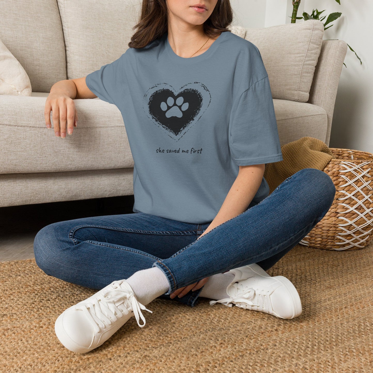 "She Saved Me First" Dog Adoption Shirt — Heart Paw Print Design