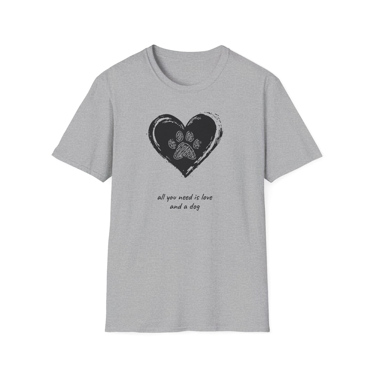 Dog Paw Heart T-Shirt — "All You Need is Love and a Dog" Pet Lover Tee
