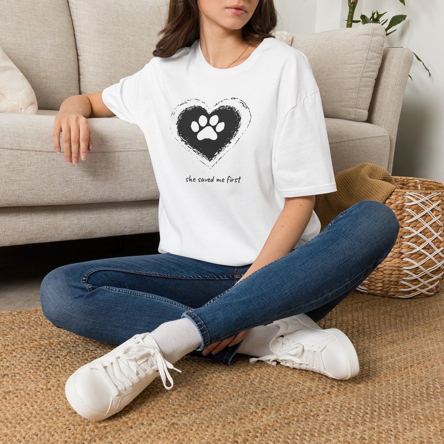"She Saved Me First" Dog Adoption Shirt — Heart Paw Print Design