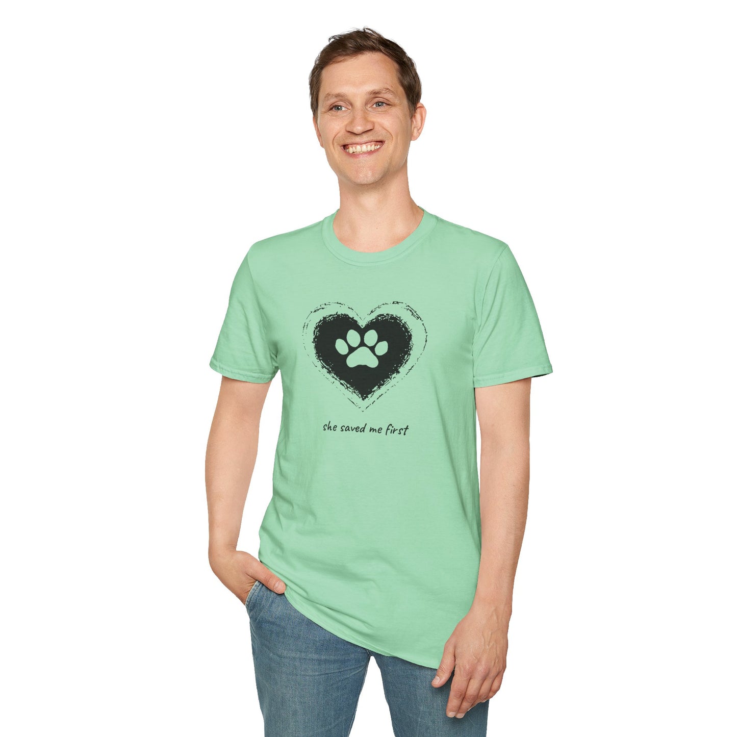 "She Saved Me First" Dog Adoption Shirt — Heart Paw Print Design