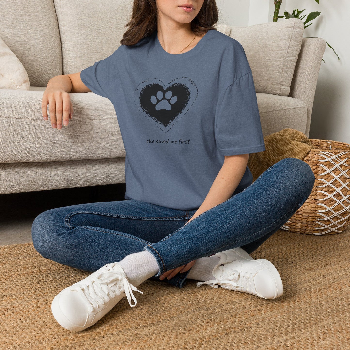 "She Saved Me First" Dog Adoption Shirt — Heart Paw Print Design