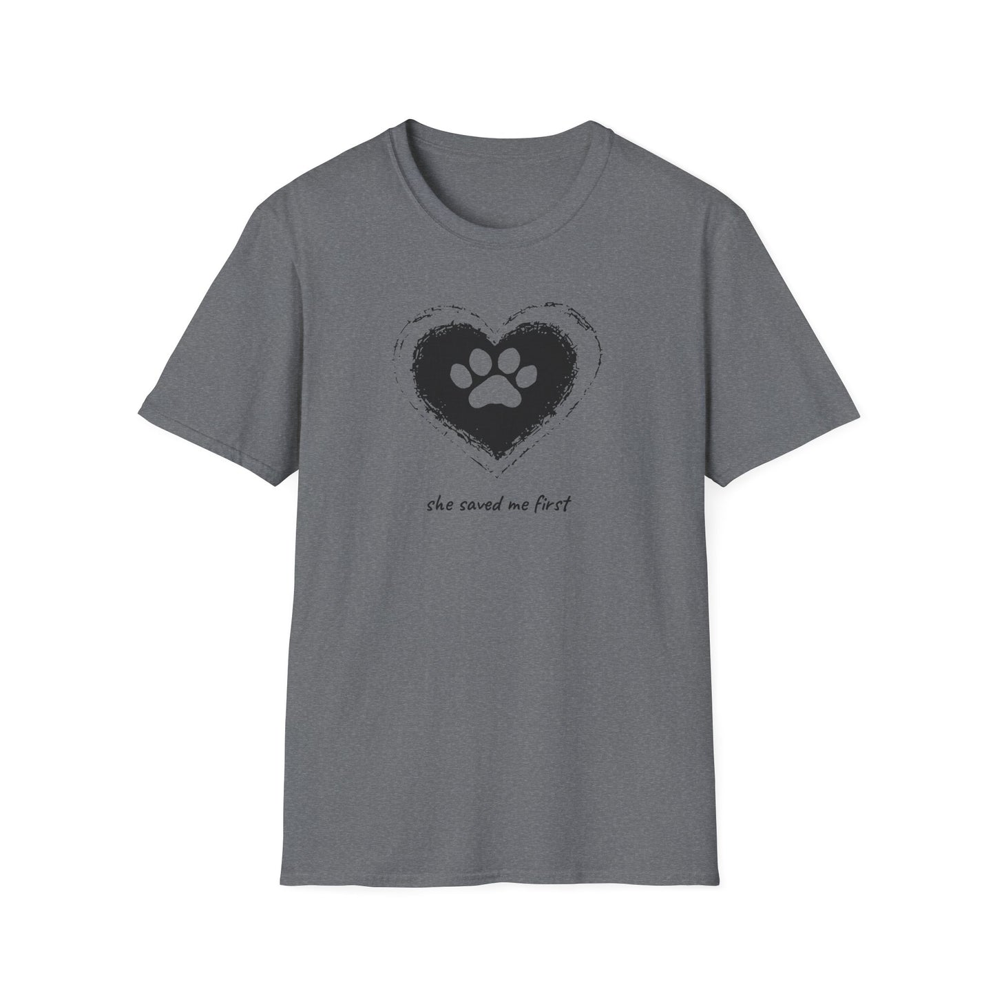 "She Saved Me First" Dog Adoption Shirt — Heart Paw Print Design