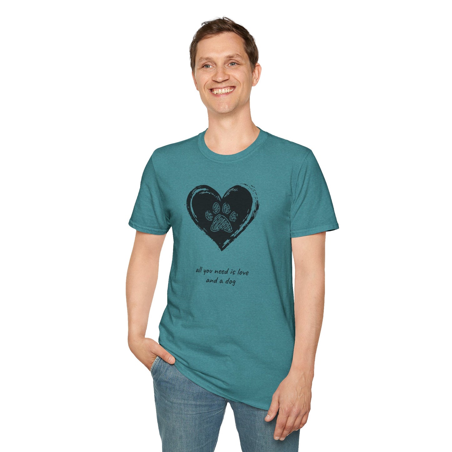 Dog Paw Heart T-Shirt — "All You Need is Love and a Dog" Pet Lover Tee