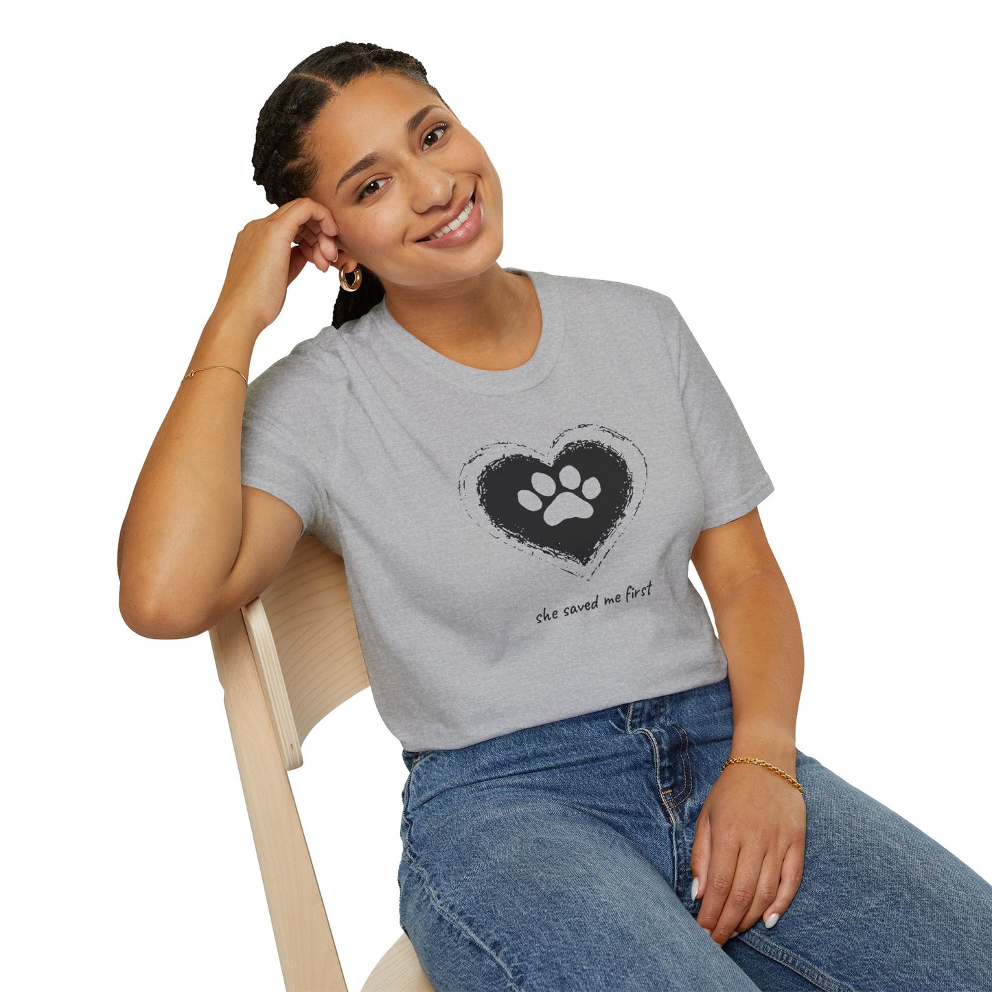 "She Saved Me First" Dog Adoption Shirt — Heart Paw Print Design
