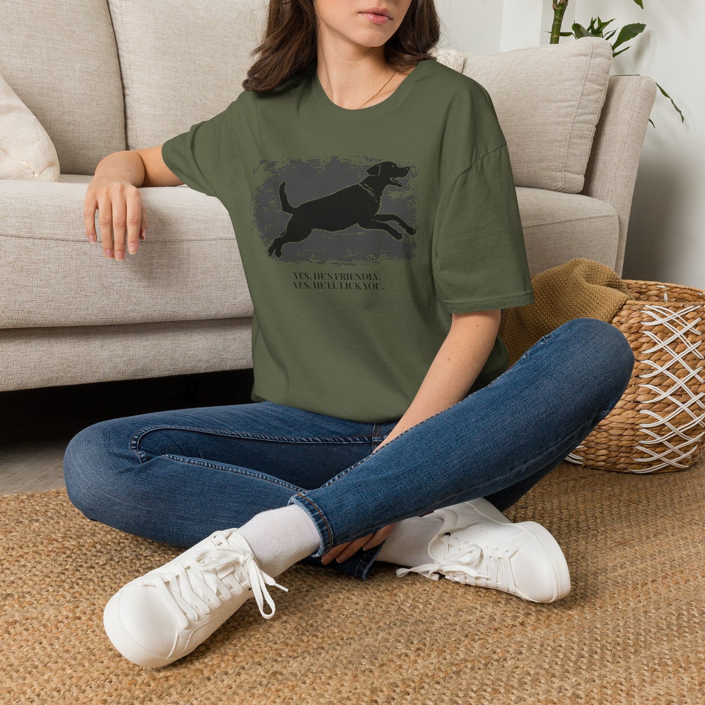 Running Labrador Graphic T-Shirt — "Yes, He's Friendly" Dog Tee
