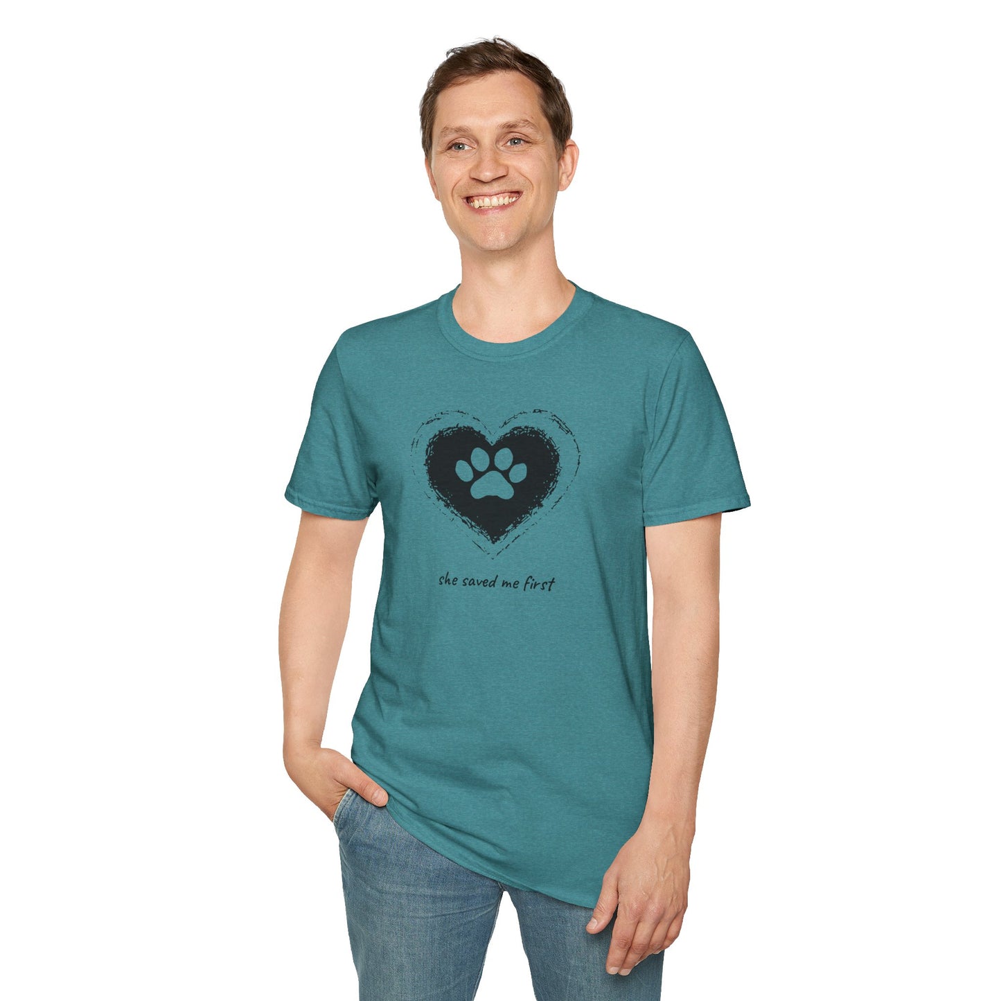"She Saved Me First" Dog Adoption Shirt — Heart Paw Print Design