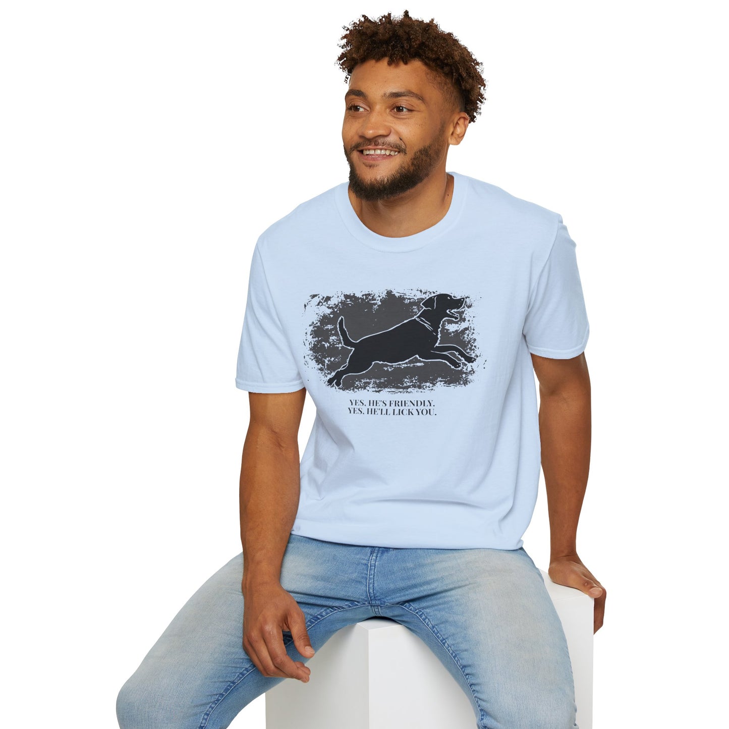 Running Labrador Graphic T-Shirt — "Yes, He's Friendly" Dog Tee