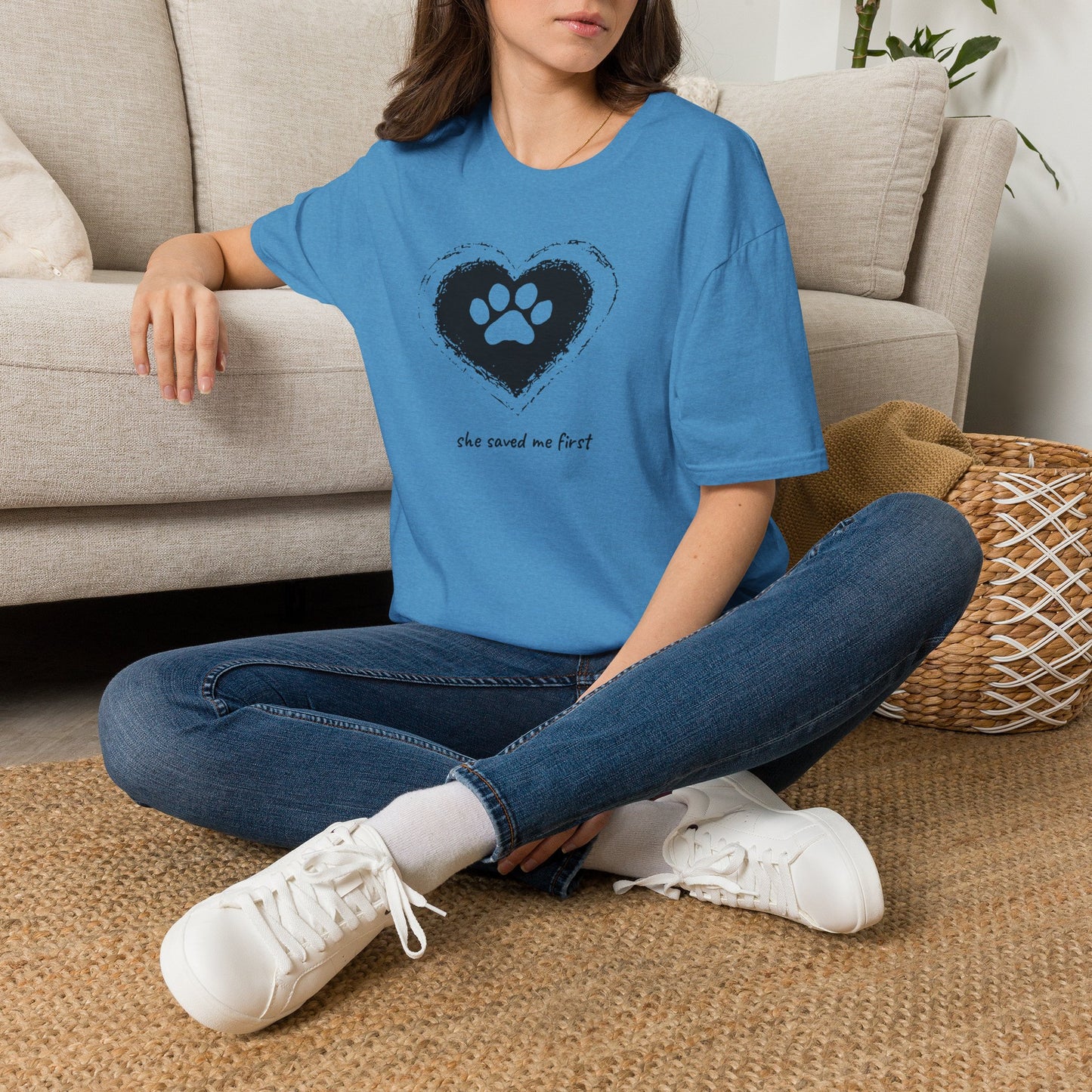 "She Saved Me First" Dog Adoption Shirt — Heart Paw Print Design