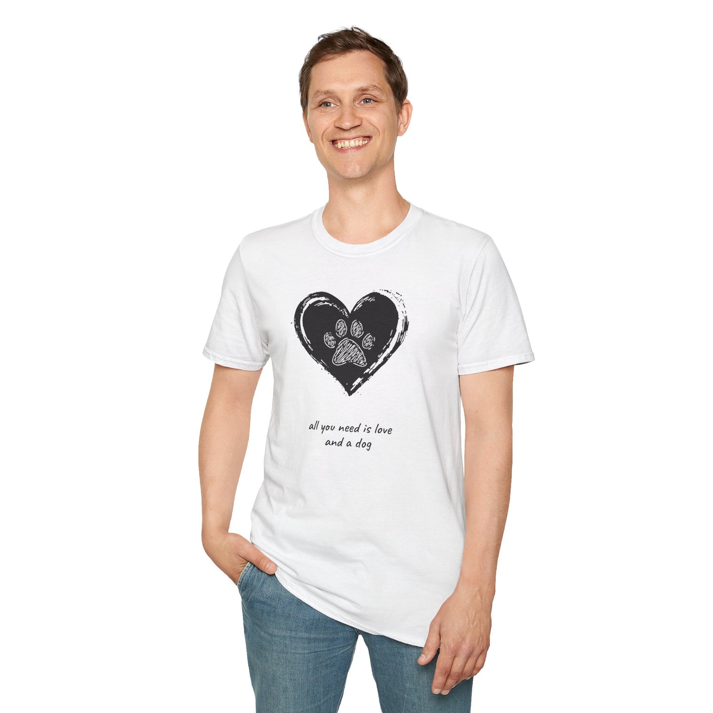 Dog Paw Heart T-Shirt — "All You Need is Love and a Dog" Pet Lover Tee